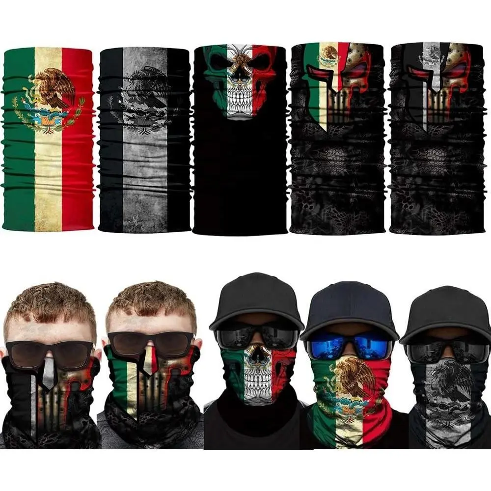 5PCS Skull Face Tube Bandana Headwear for Motorcycle Riding Biker Skeleton Mexico Flag Neck Gaiter ScarfGift