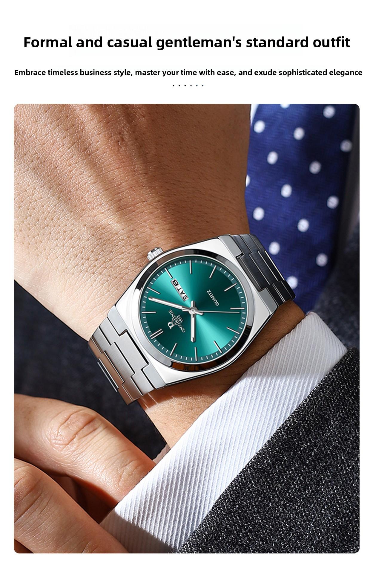 Men's Luxury Teal Green Dial Quartz Watch - Stainless Steel Wristwatch with Date Day Display, Waterproof, Luminous Hands, Classic Business Casual Dress Watch for Men, Perfect Gift for Husband Dad