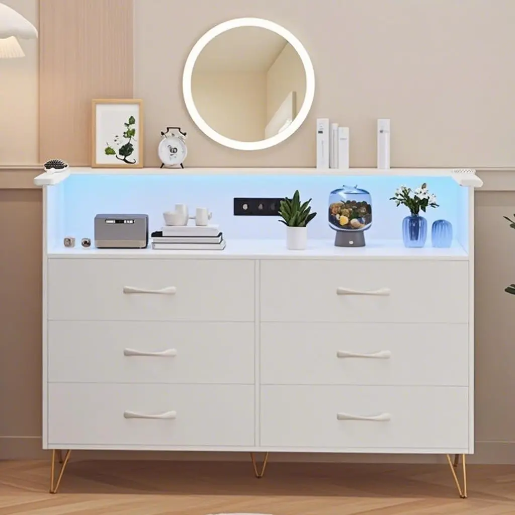 GARVEEMulti-Functional White Dresser with LED Light and Charging Station, Featuring 6 Drawers and 2 Open Shelves, Ideal for Bedroom Storage, Living Room Organizer, Entryway, and Hallway Use
