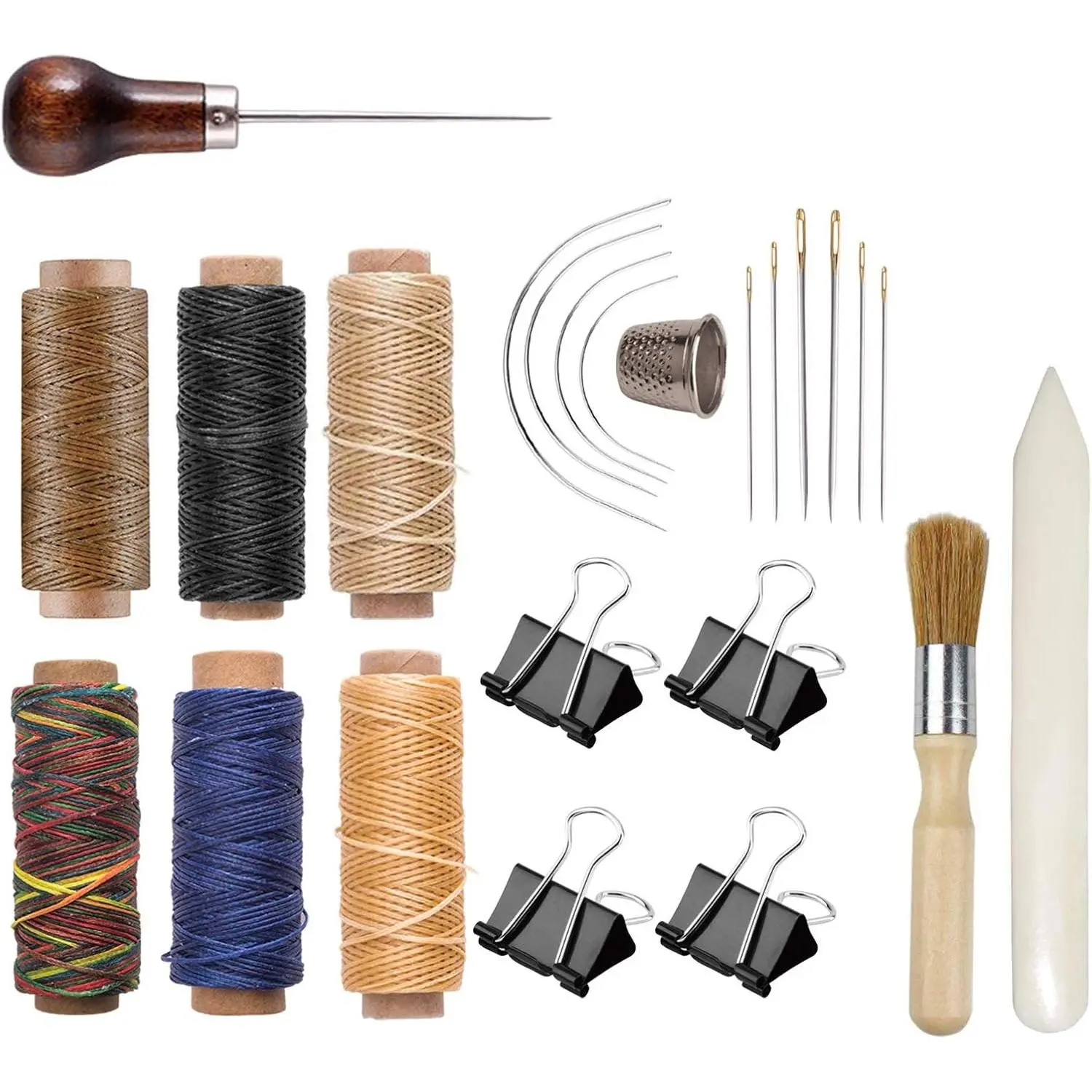 Bookbinding Kit - Hand Book Binding Starter Tools Set with Real Bone Folder, Paper Awl, Large-Eye Needles, Glue Brush, Wax Thread for Handmade DIY Books