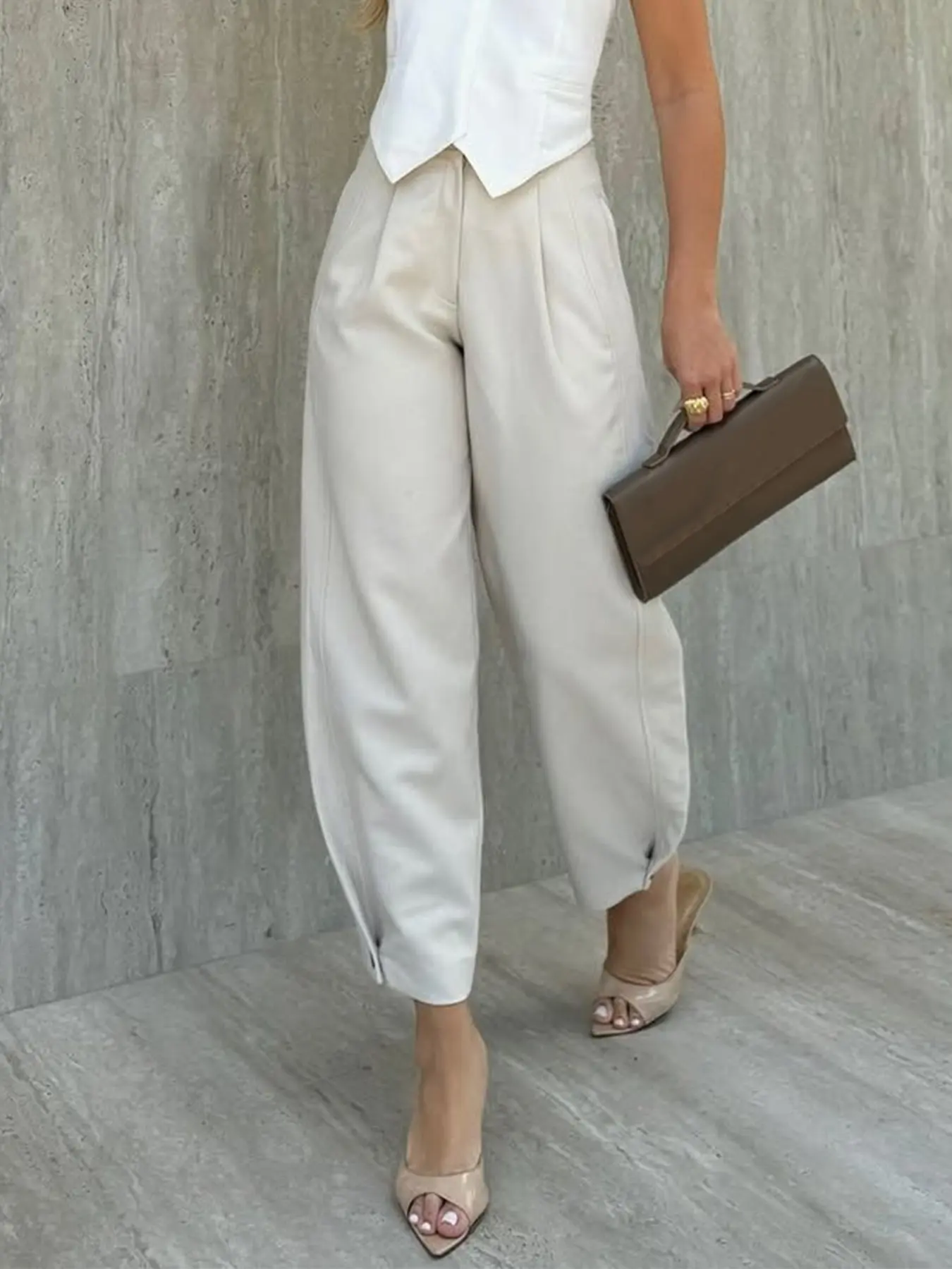 Women's High-Waisted Pleated Suit Pants, Open Button Cuff Nine-Quarter Wide Leg Trousers, Office Commute Daily Casual Wear