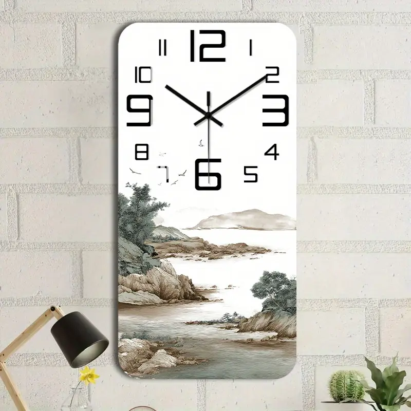1 silent wall clock with no ticking sound, acrylic decorative square clock featuring traditional Chinese ink painting of a river scene, suitable for living rooms, kitchens, offices, cloakrooms, and guest rooms (battery not included)