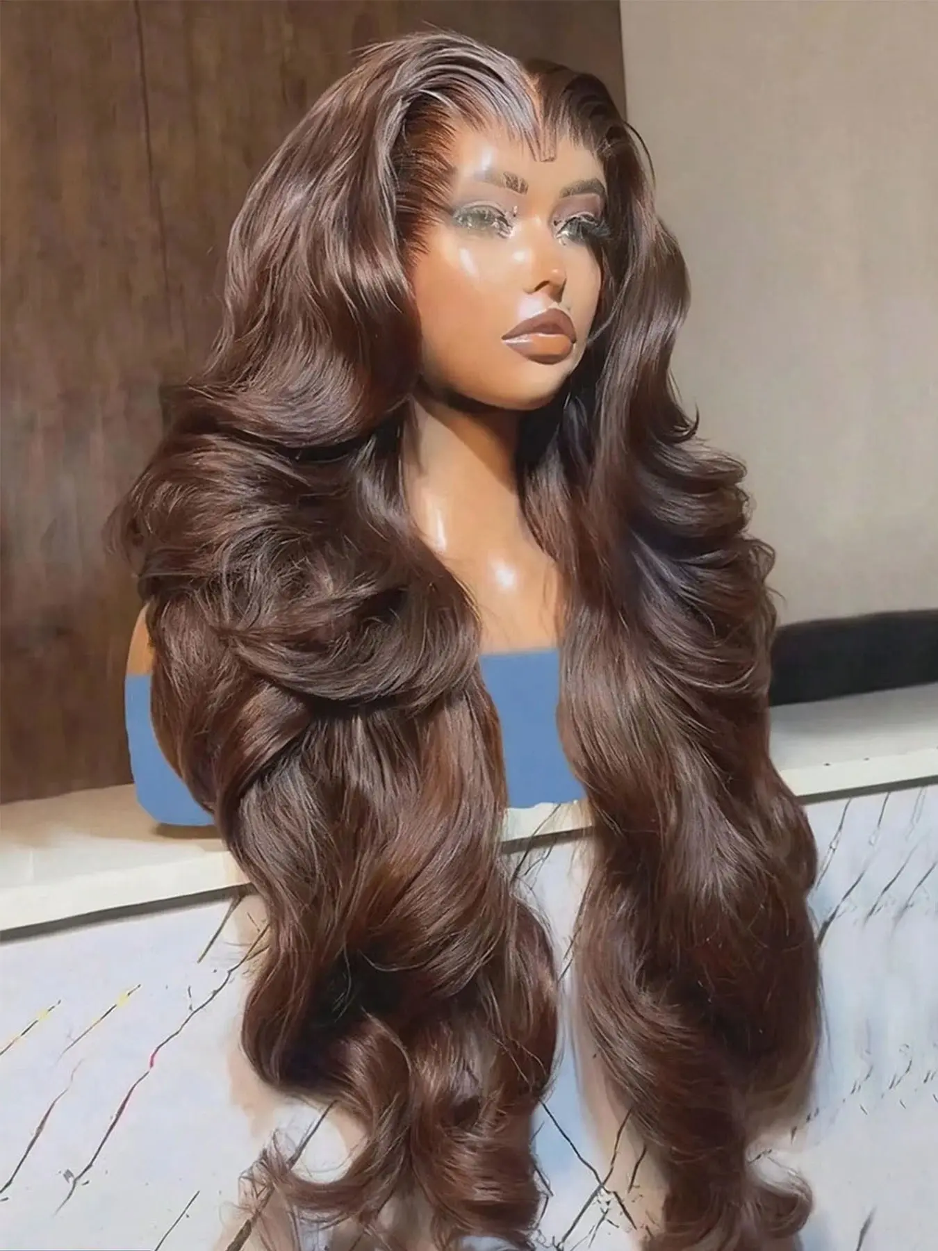 Chocolate Brown 4# Glueless Body Wave Wig Synthetic Lace Front Wigs 13x4 HD Transparent Lace Frontal Wigs Heat-Resistant Hair 200% Density Pre Plucked Hairline Natural Look Daily and Party Use