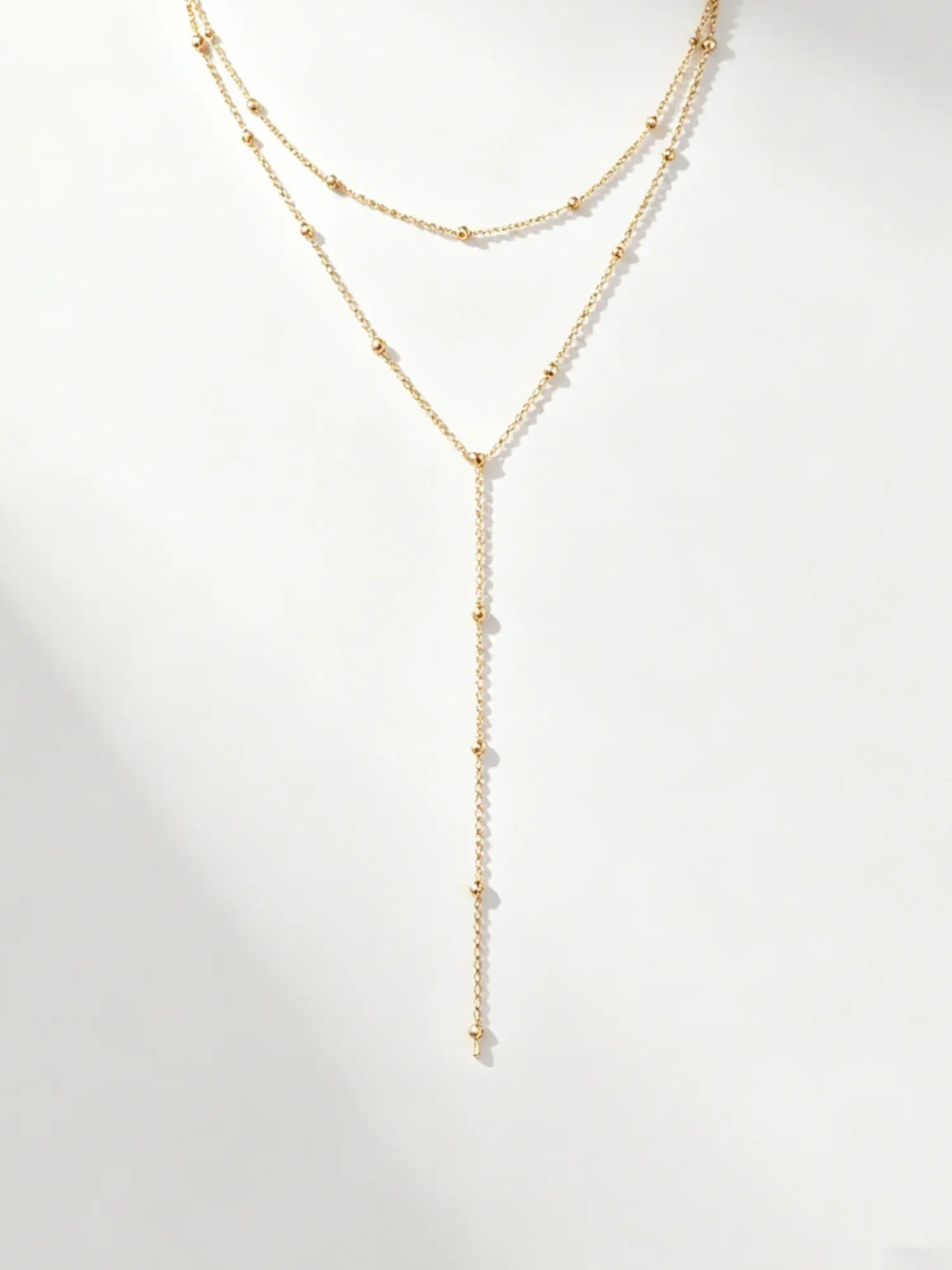 1pc Gold Plated Double Layer Beaded Y Drop Necklace Dainty Satellite Bead Layered Chain Long Lariat Necklaces, Layering Necklace, Minimalist Stainless Steel Hypoallocated Jewelry Accessories Women Daily Wear Birthday Gifts Viral TikTok Fashion