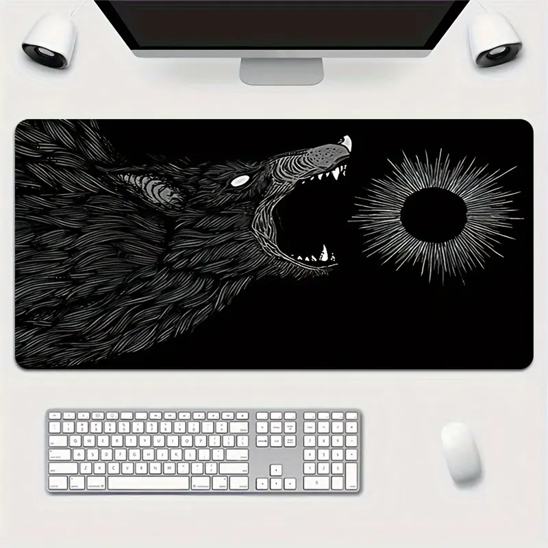 A mouse pad featuring a majestic wolf under the eclipse, designed for gaming, with a non-slip rubber base and a thick extended keyboard mat suitable for both office work and eSports.Perfect for gifting to teenagers, boyfriends, and girlfriends.