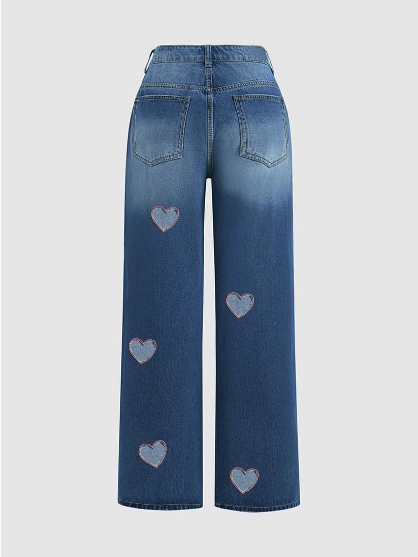 Women's Heart Pattern Denim Jeans, Denim Bottom, Loose-Fit Casual Style, All-Season Wearable, Perfect for Dating & Daily