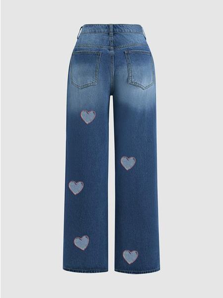 Women's Heart Pattern Denim Jeans, Denim Bottom, Loose-Fit Casual Style, All-Season Wearable, Perfect for Dating & Daily
