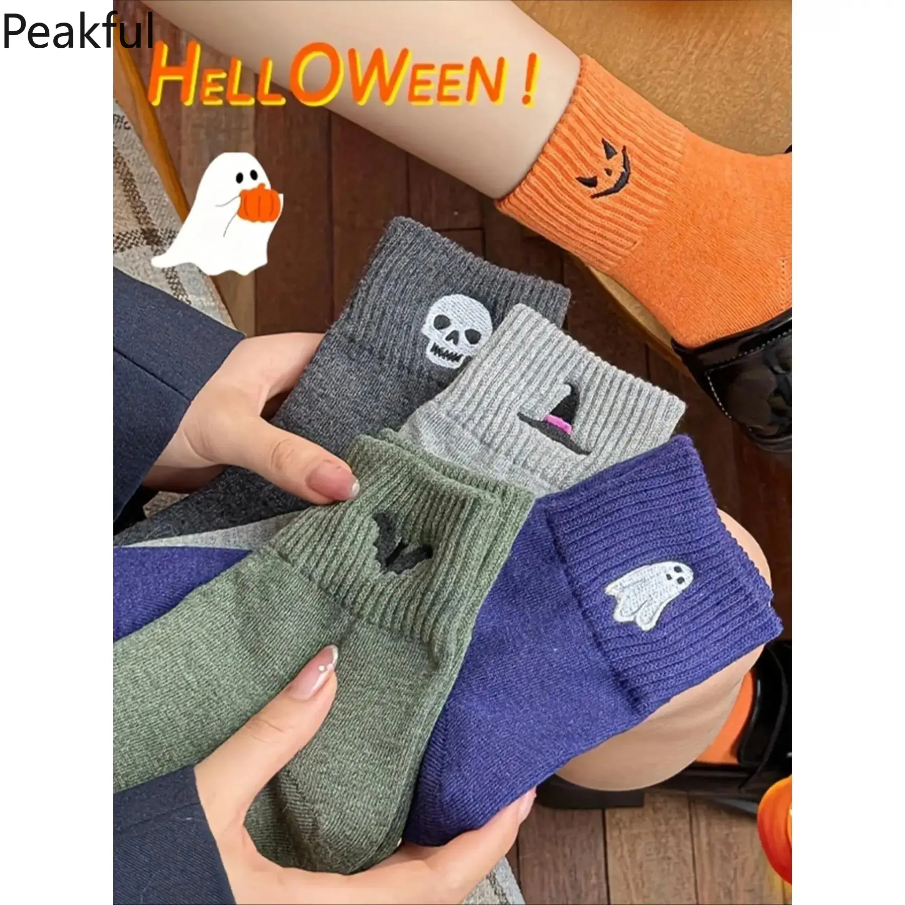 5 Pairs Women's Funny Pumpkin Ghost Crew Socks, Soft Stretch Cotton Blend Mid-Calf Knit Socks, Cute Novelty Halloween Gifts for Work, School, Party & Everyday Wear