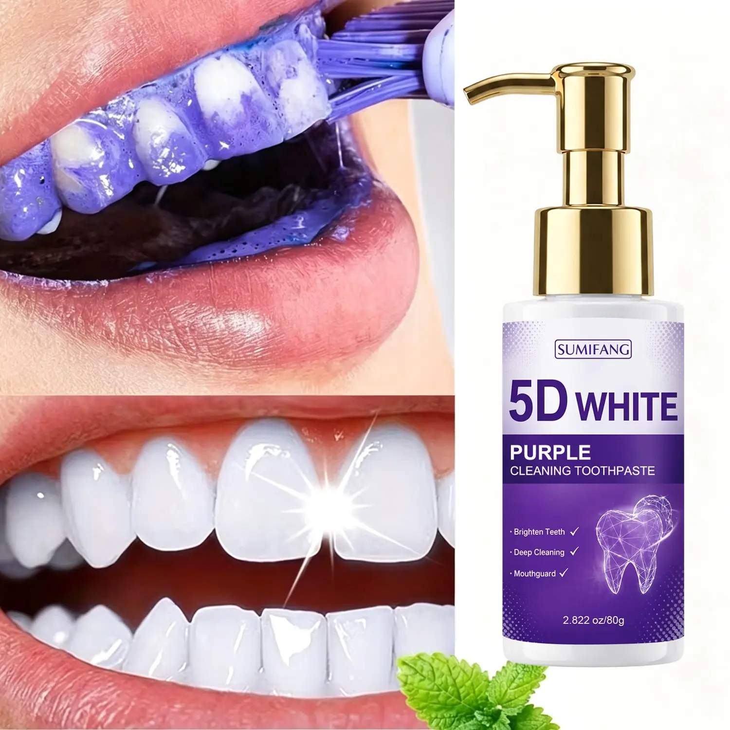 SUMIFANG 5D Dazzling White Purple Teeth Whitening Toothpaste (80g) – Hydrolyzed Collagen + Niacinamide + Hyaluronic Acid; whitens teeth, deep cleans, and protects oral health | Pump dispenser design, freshens breath | Daily oral care