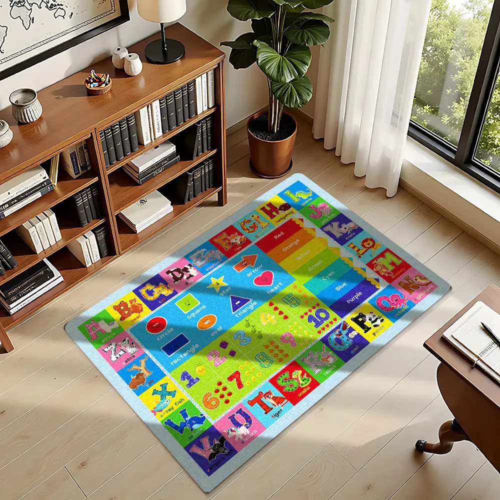 Colorful Alphabet Number Shape Educational Kids Flannel Play Rug #AlphabetNumberShapeRug #CartoonEarlyLearningMat #FlannelCarpet #ToddlerPlayroomDecor