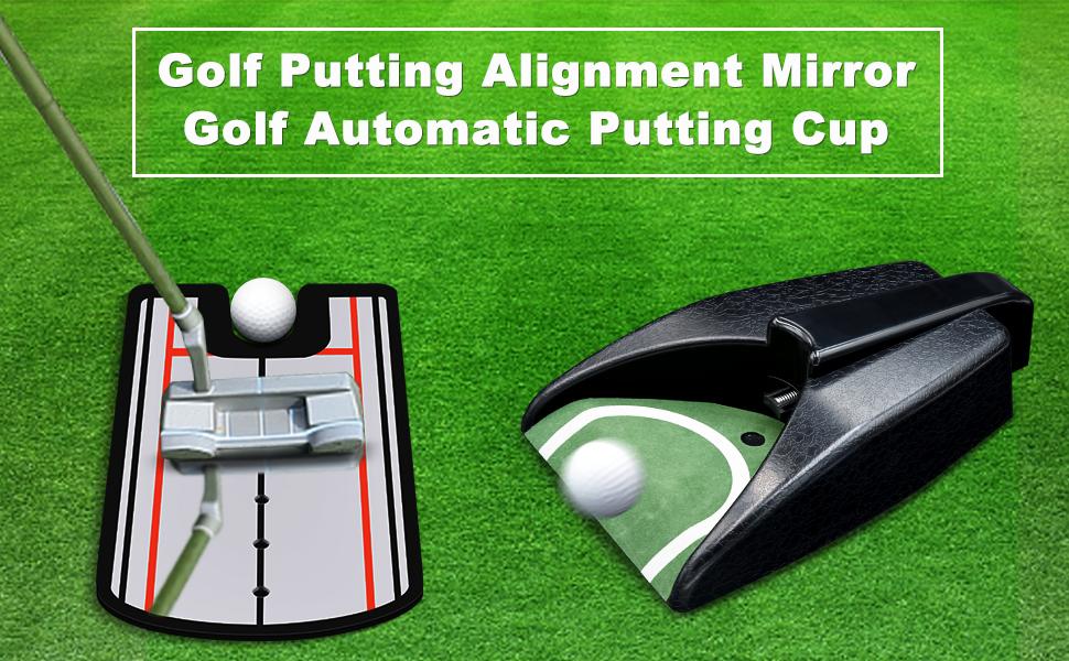 Golf Putting Alignment Mirror with Putting Cup Combo, Portable Training Aids, 12"L x 6"W Mirror, Hole Cup Set, Practice Putting Trainer hs  3  4  golf