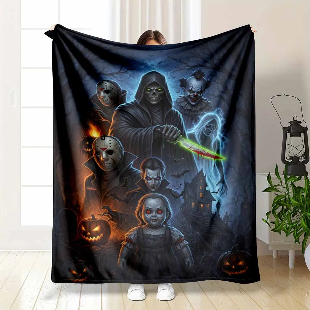 Dark Fantasy Horror Character Flannel Blanket Gothic Night Spirit Print Design Soft Breathable Fleece Material Cozy Bed Throw for Halloween Parties Movie Nights Home Decor Gifts