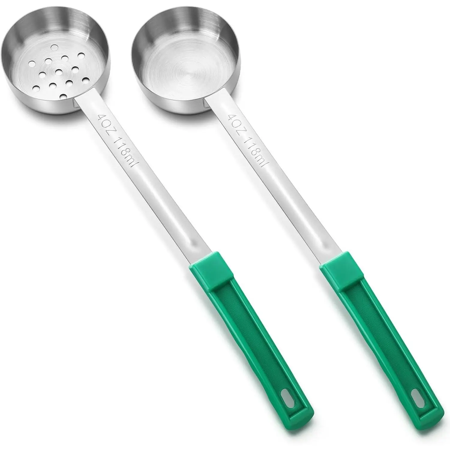 Teenyyou 2 Pcs Portion Control Serving Spoons, Restaurant Measuring Serving Ladle Utensils, Portion Spoons for Weight Loss, Kitchen (Green,4 oz,Solid and Slotted)