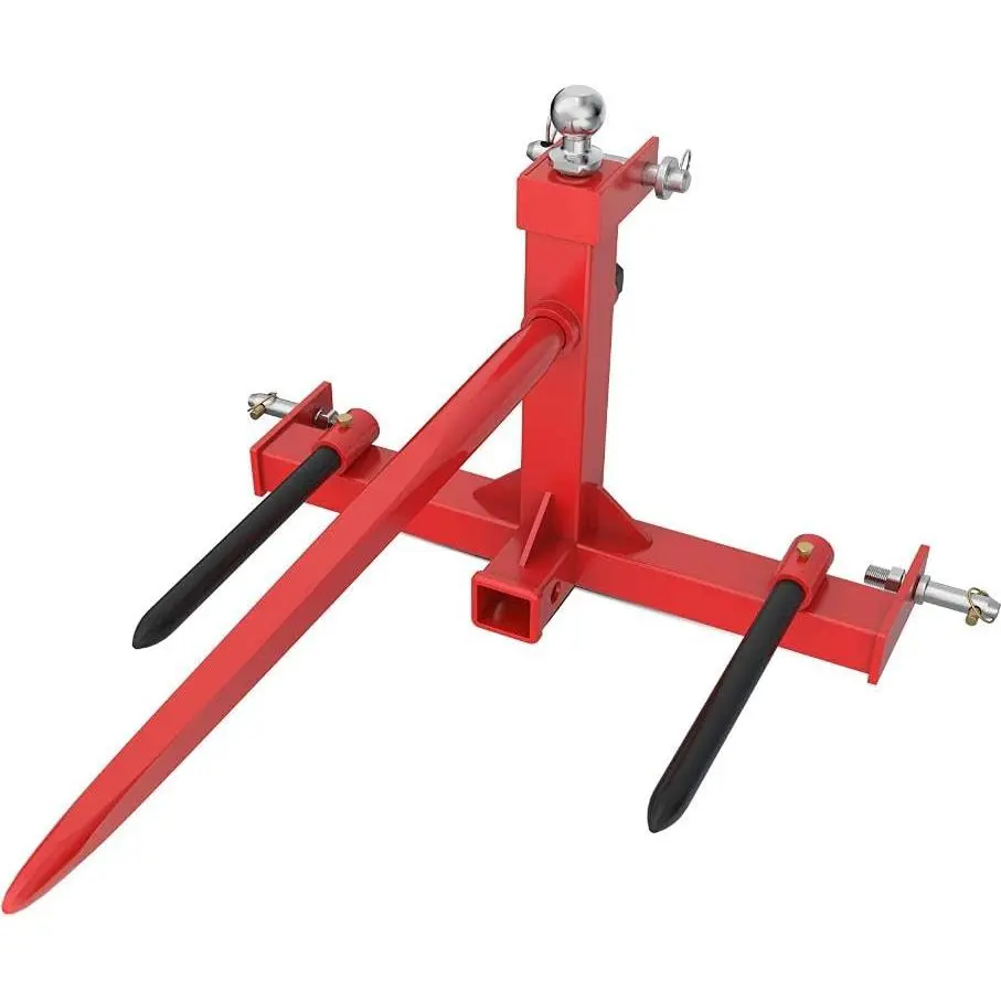 Heavy Duty 49" Hay Spear Attachment for Tractors – 1600lbs Capacity – Three-Point Hitch – Dual 17.5" Stabilizer Spikes – Quick Attach Spike Fork – Red