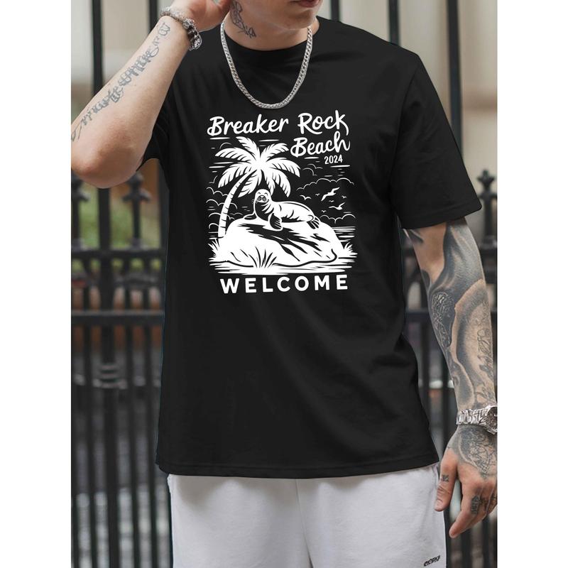 Floral Nook Co Men's Streetwear Crew Neck Vintage Pure Cotton Graphic Tee - Cute Korean Style, Soft Ocean Print, Breathable Short-Sleeve Top for Beach, Party Use (Flatters Figure)