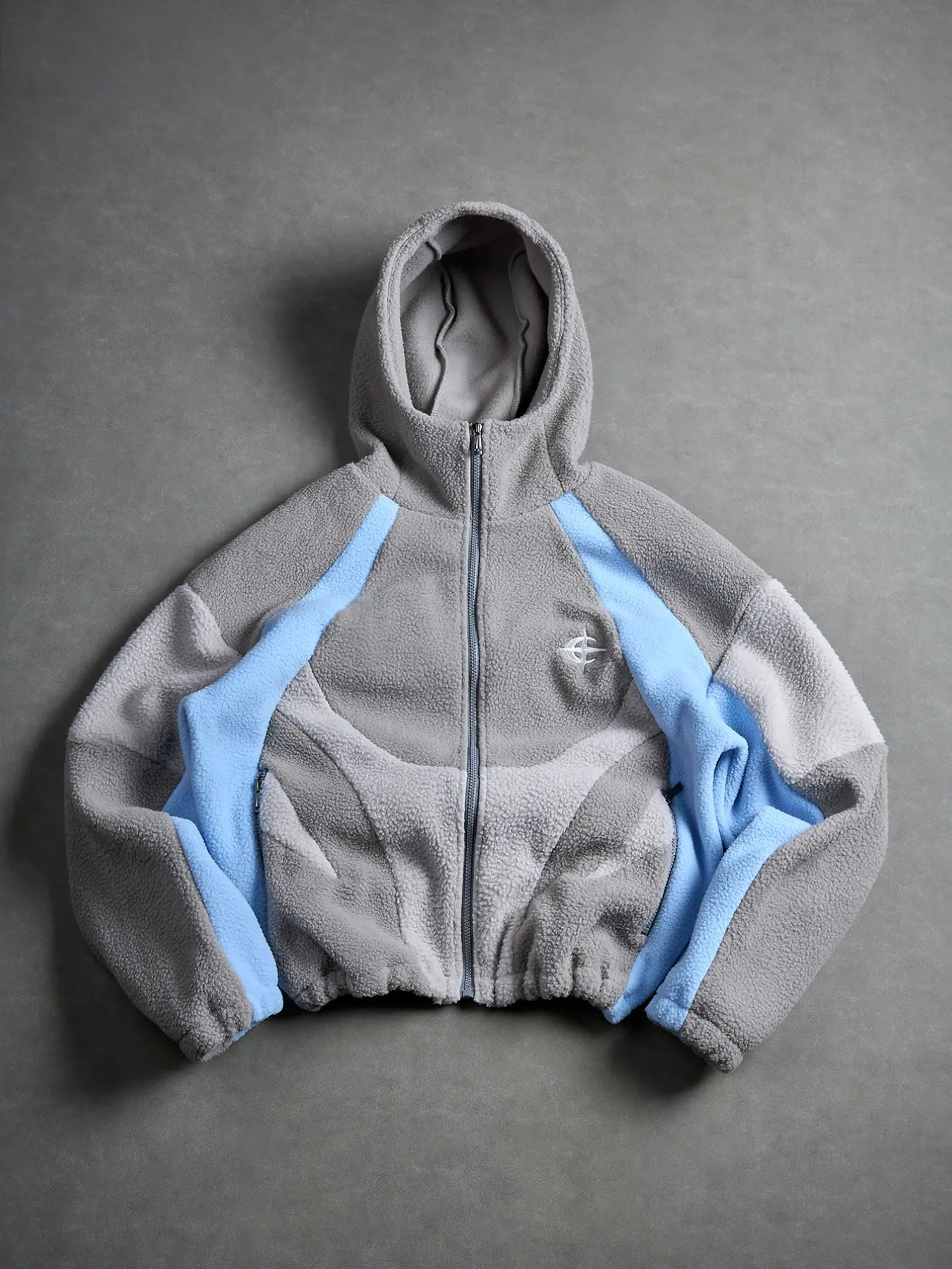 Men's Black & Grey Panel Fleece Hooded Jacket Heavyweight Tech Utility Casual Style Side Multi-Zip Pockets Star Embroidery Drawstring Elastic Hem Trendy Youth Embroidered Streetwear Clubbing