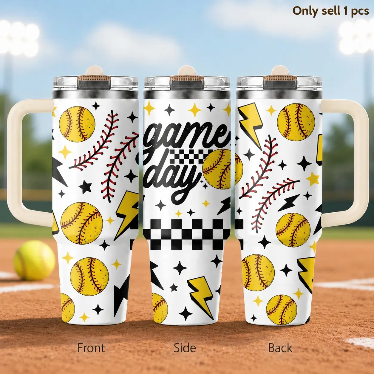 Softball Game Day 40oz Insulated Tumbler – Athletic Stainless Steel Travel Cup with Handle & Straw Lid for Coffee, Water, Softball Games, Team Events, Office, Car, Sports Mom Gift