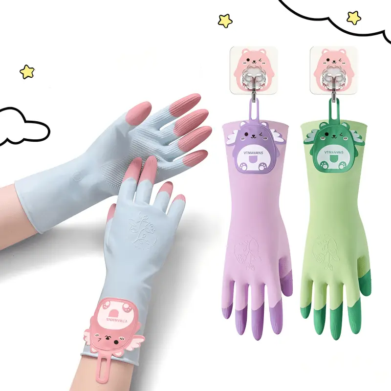 Reusable Housework Gloves, Cute Cartoon Hangable Gloves, Multi-Color Cleaning Gloves for Dishwashing & Laundry