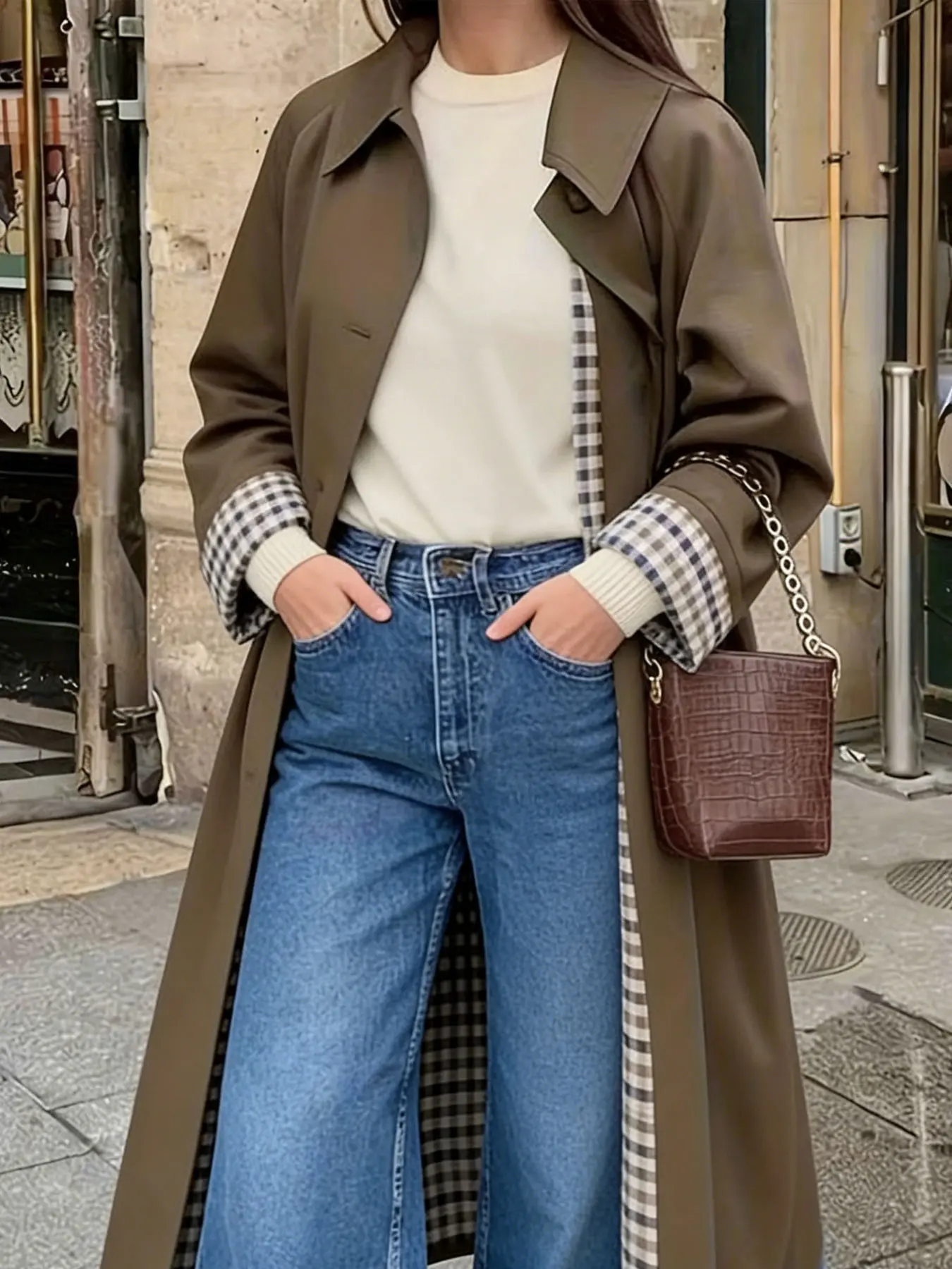 A women's brown Melton pea coat with a single-breasted collar, suitable for spring and autumn, perfect for daily outings, dating parties