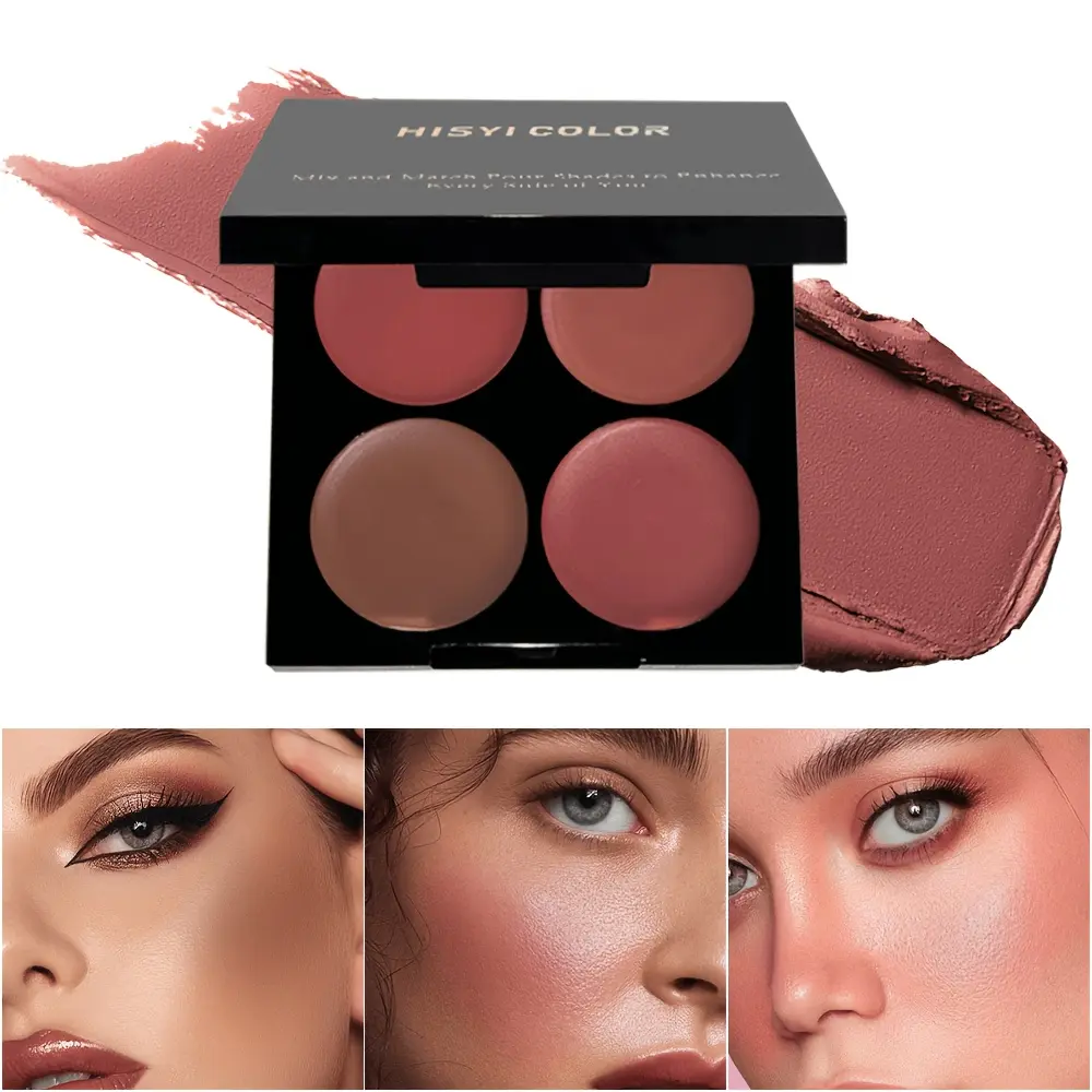 HISYI 4 Cream Blush Multi-use Palette, Velvety smooth creamy texture easy to blend without patchiness, multi-functional design works as cheek blush, eye shadow, buildable pigment delivers natural sheer flush, long-wearing non-greasy formula, Makeup