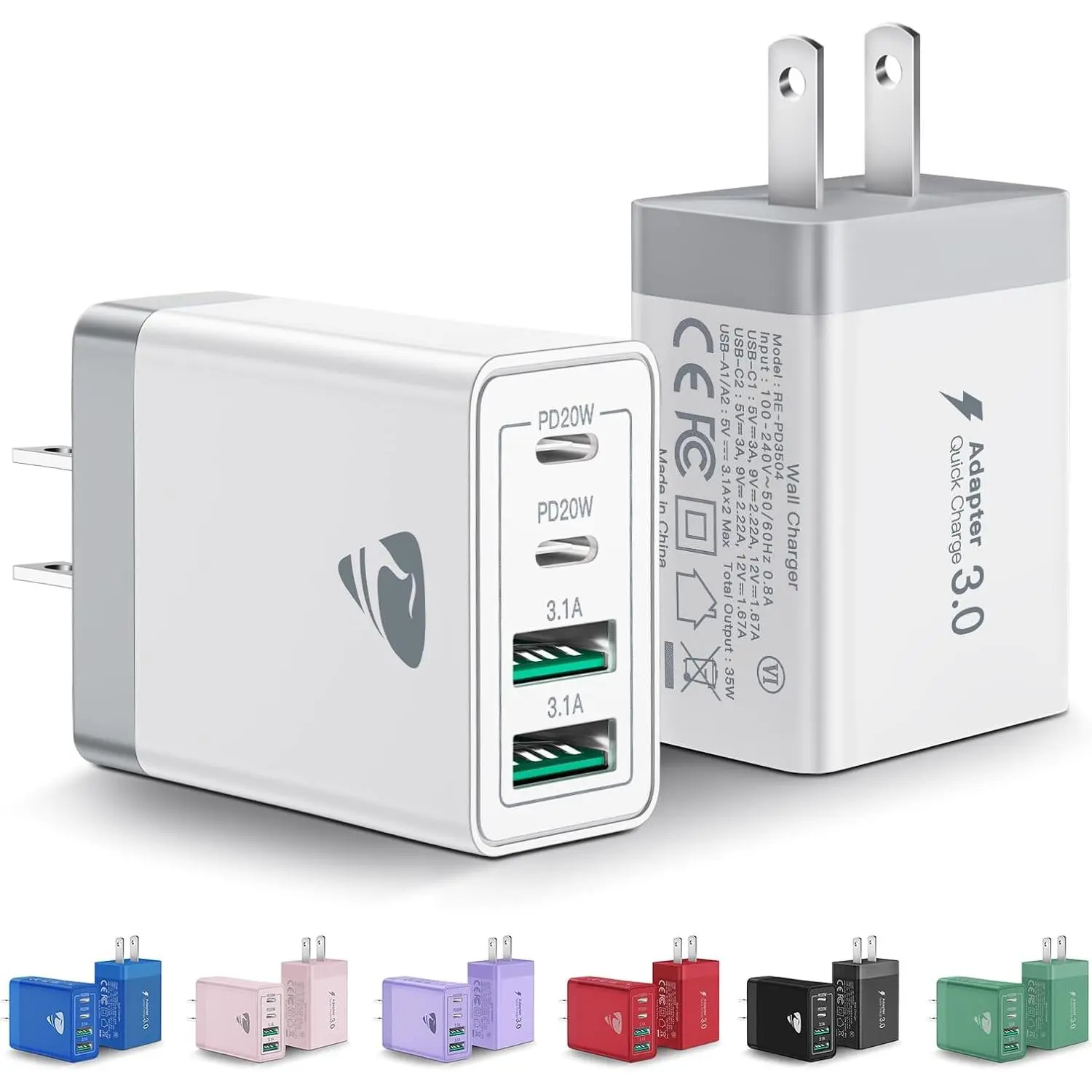 [2-Pack] USB C Wall Charger, 40W  USB C Charger Block, 4-Port PD Power Adapter + QC Wall Plug Multiport Type C  Block Cube Compatible with  16 15 14 13 12 11 Pro Max XR XS 8,