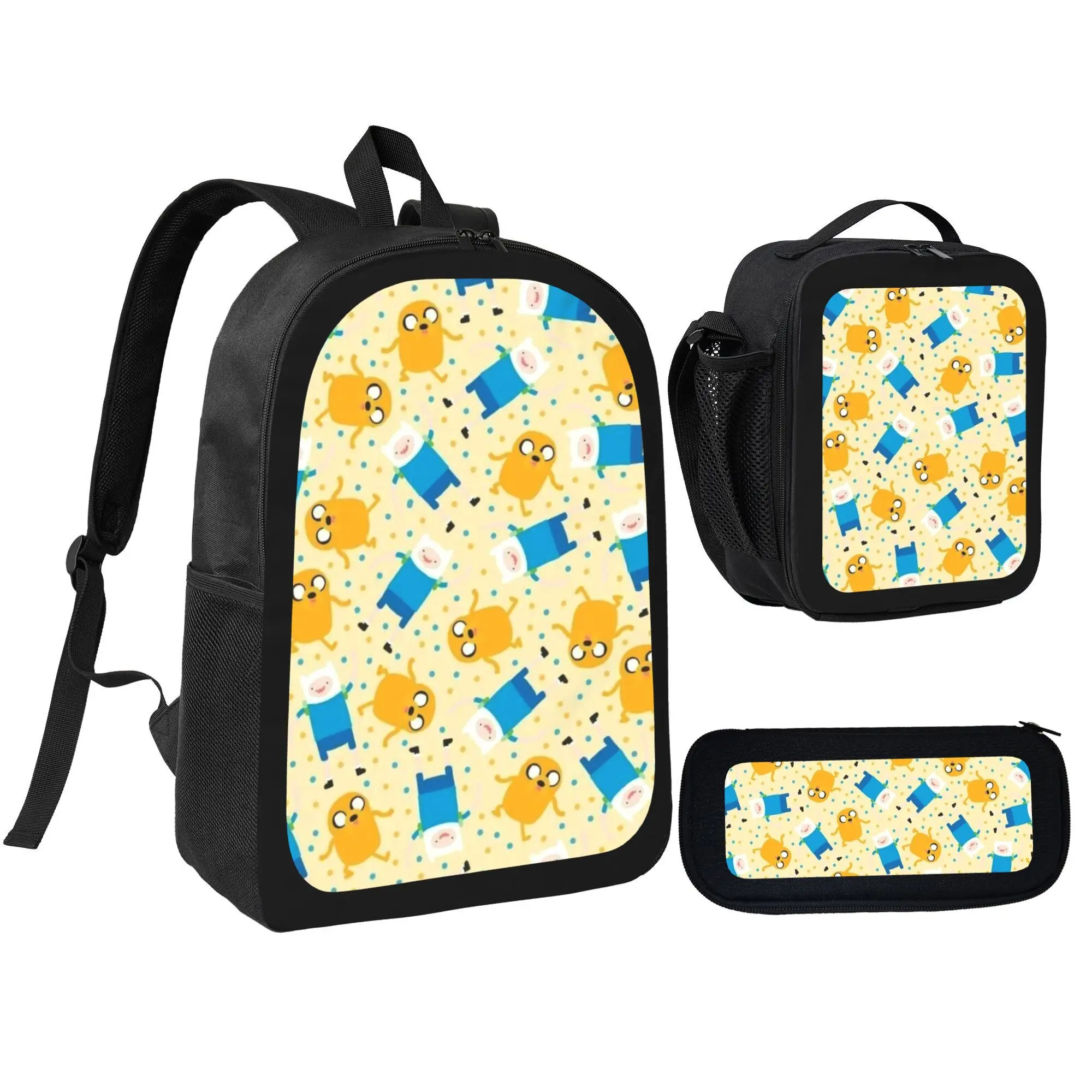 Unisex Teens Large Capacity 3pcs Adventure Time1 Backpack Set, Anime School Bag with Adjustable Shoulder Straps, Backpack Lunch Bag Pencil Case Combo for Boys Girls