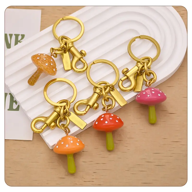 Cute Pink Mushroom Keychain Kawaii Resin Bag Charm with Crystal Rhinestone Pendant Aesthetic Purse Charm for Women Girls Backpack Handbag Car Keys Cute Gift Accessory