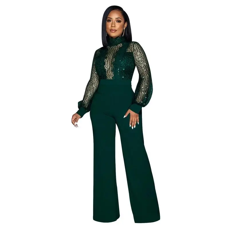 Women's  Sequin Mesh High  Neck Jumpsuit Long Sleeve Sheer Bodice with Wide  Leg Trousers  suit