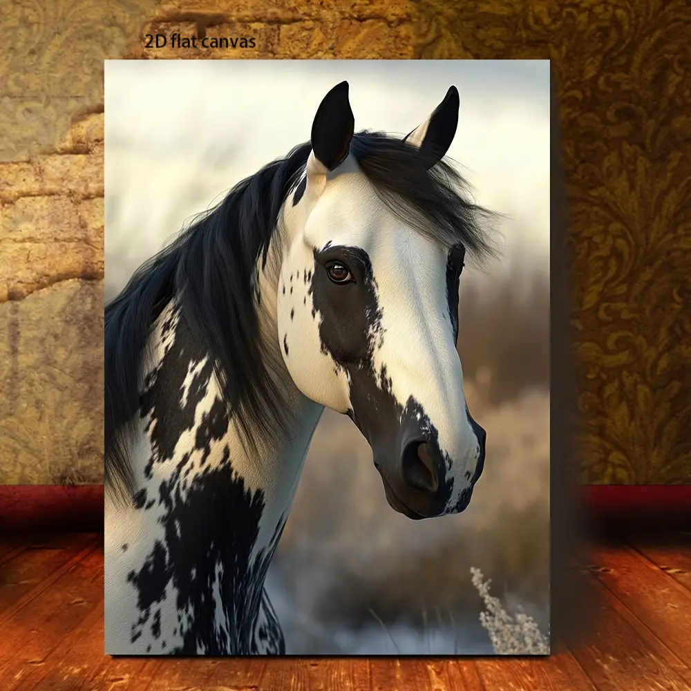 1pc Framed Horse Breeds of The World Realistic Canvas Wall Art - Black & White Spotted Horse Painting with Wrapped Wooden Frame, Contemporary Equestrian Home Decor for Bedroom, Living Room - Ideal Gift for Horse Lovers, Modern
