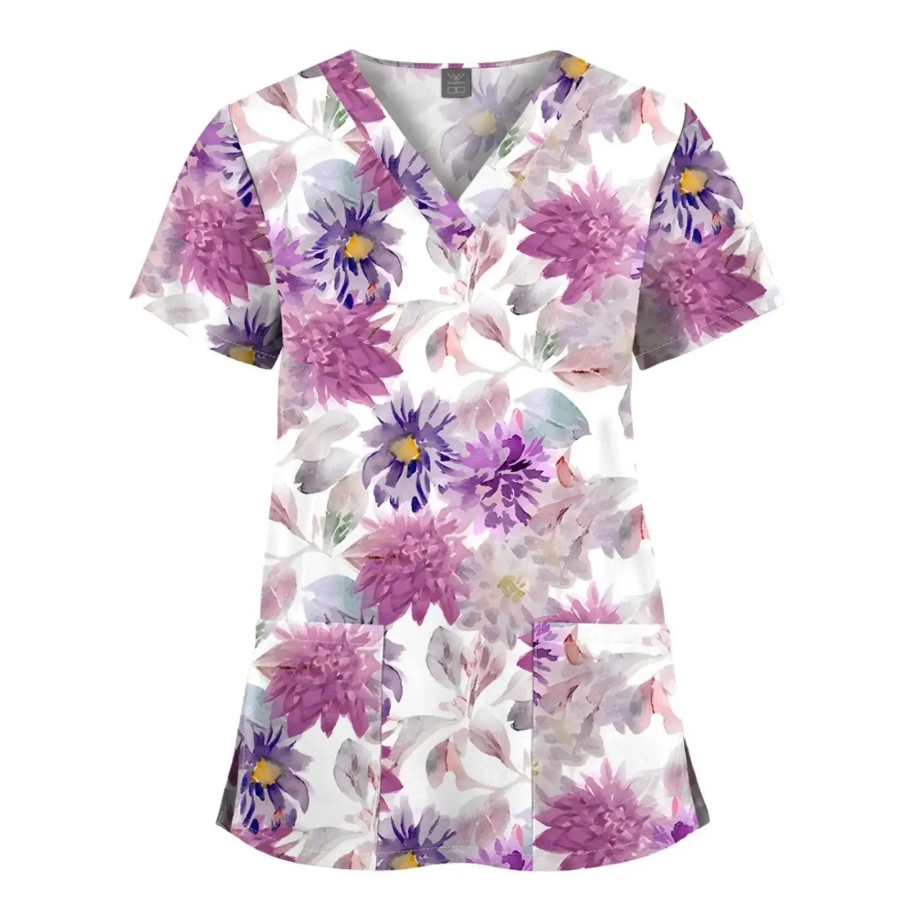 QRV-Neck Cartoon Print Uniform Shirt for Women, Elastic Loose Fit Work Top for Medical, Spa, and Pet Care Professionals, Baggy, Cold Wash