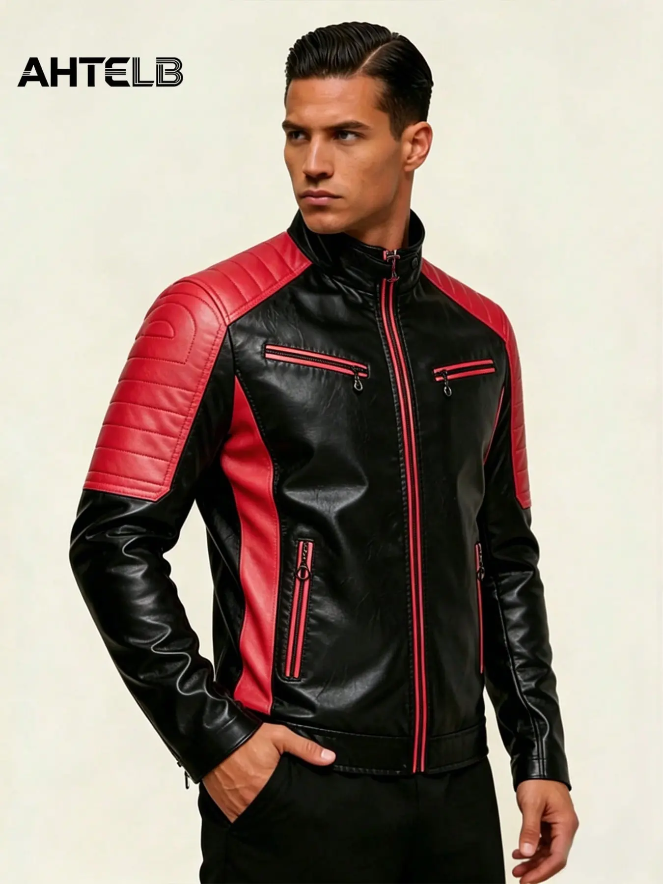 Ahtelb Men's PU Leather Jacket, Outdoor Casual Riding Coat, Fashion Patchwork Design, Anti-Theft Zipper, Perfect for Parties and Rides