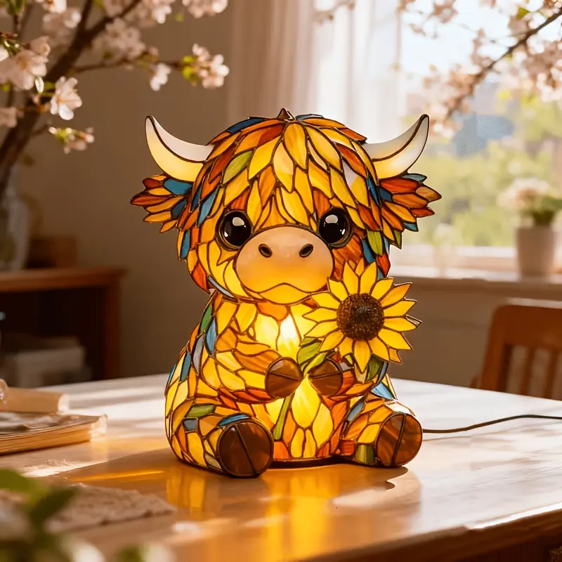 Adorable Scottish Highland Cow & Sunflower Night Light - A Whimsical, Warm-Toned Desktop Lamp.Perfect for Home Decor, this illuminated cow figurine serves beautifully as a bedside light or desk ornament-the ideal gift for any animal lover.