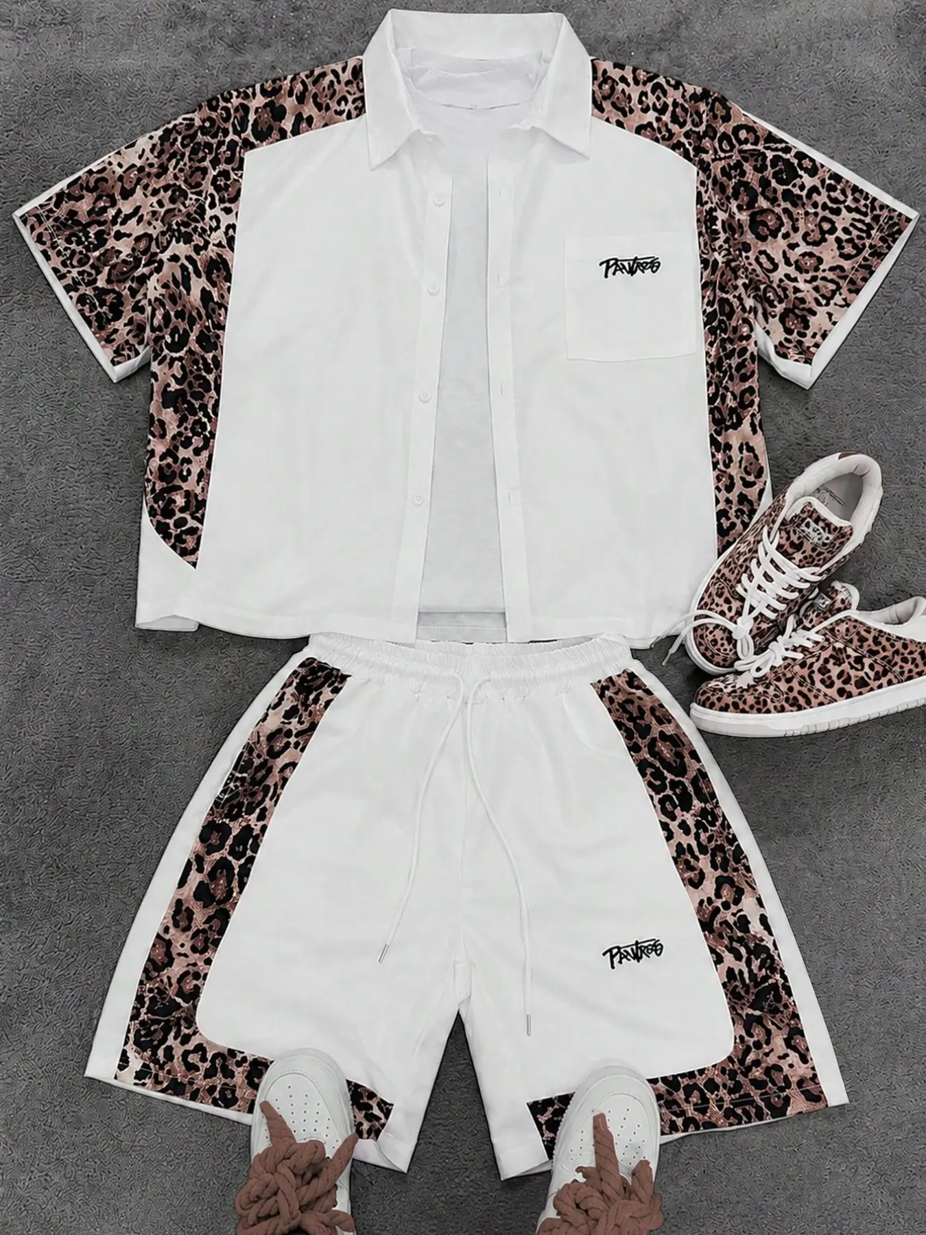 Summer Men's Leopard Print Short Sleeve Shirt and Shorts Set, Menswear, American Street Style, Loose-Fit Casual Sportswear, Two-Piece Outfit