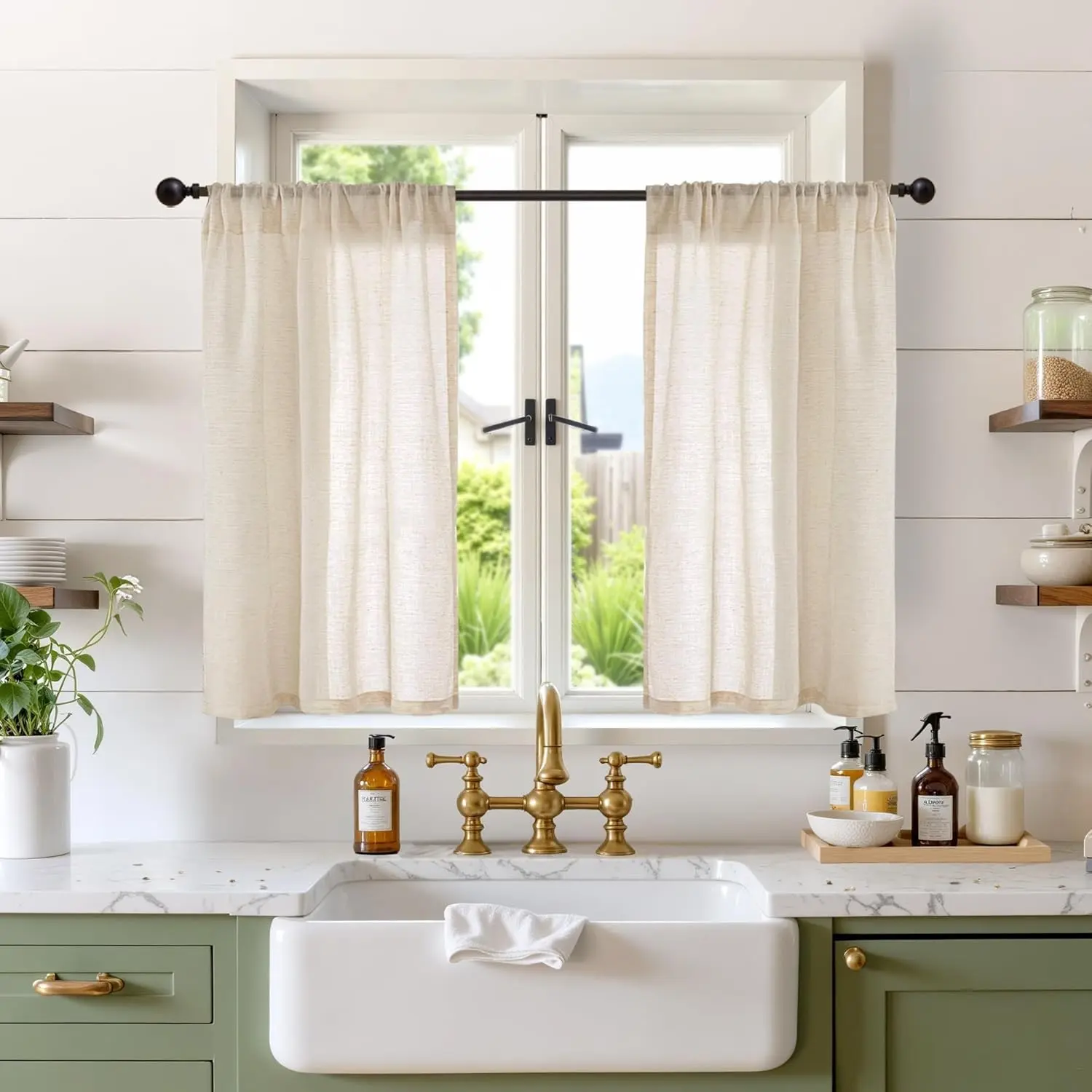 Burlap Linen Kitchen Curtains 36 Inch Length for Window Over Sink, Light Filtering Semi Sheer Short Drapes with Rod Pocket, Lightweight Cafe Curtains for Bathroom, Set of 2 Panels, 30 x 36 InchGift