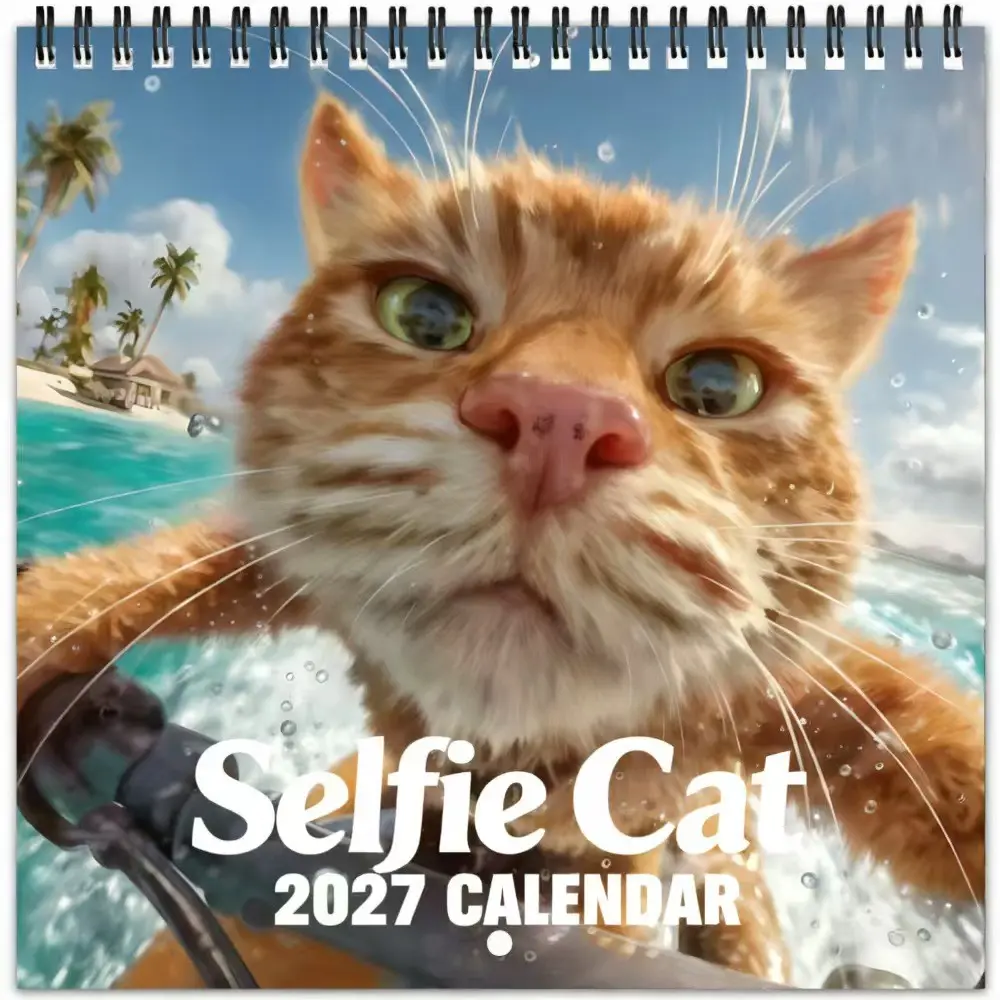Funny Selfie Cat 2027 Wall Calendar, 12-Month Monthly Planner, Cute Adventure Kitty Art Calendar, Home Decor, Wall Hanging Calendar