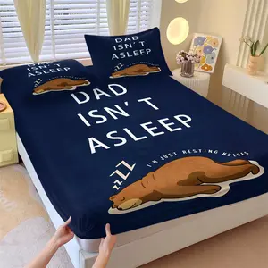 Funny Dad and Cartoon Brown Bear Fitted Sheet Set-1 Mattress Cover & 2 Coreless Pillowcases-Soft Skin-Friendly Fabric Anti-Slip Deep Pocket- Casual Men's Bedroom Decor Father's Gift