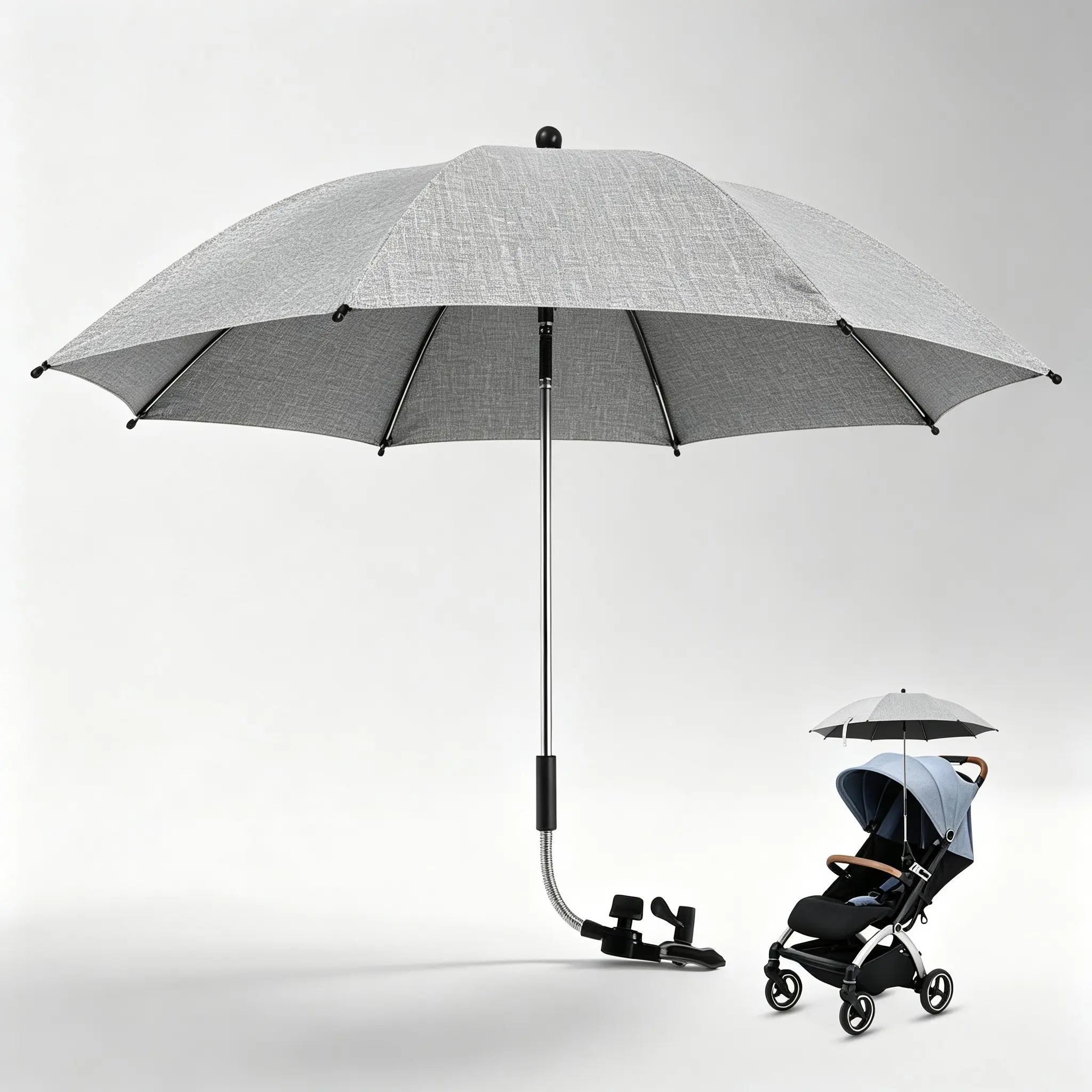 Baby Stroller Umbrella, Universal Adjustable Flexible Shaft Stroller Sun Parasol with Clamp, UPF50+ Black Coating Anti-UV Waterproof Stroller Canopy for Pushchair Bike Wheelchair