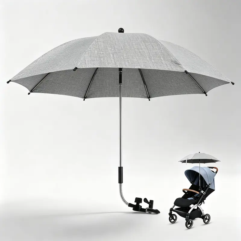 Baby Stroller Umbrella, Universal Adjustable Flexible Shaft Stroller Sun Parasol with Clamp, UPF50+ Black Coating Anti-UV Waterproof Stroller Canopy for Pushchair Bike Wheelchair, Stroller Sunshade Umbrella