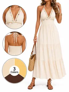 2026 Spring Summer New Resort Style V Neck Halter Tie Dress, Shell Fringe Solid Long Dress, Fashionable Women's Clothing