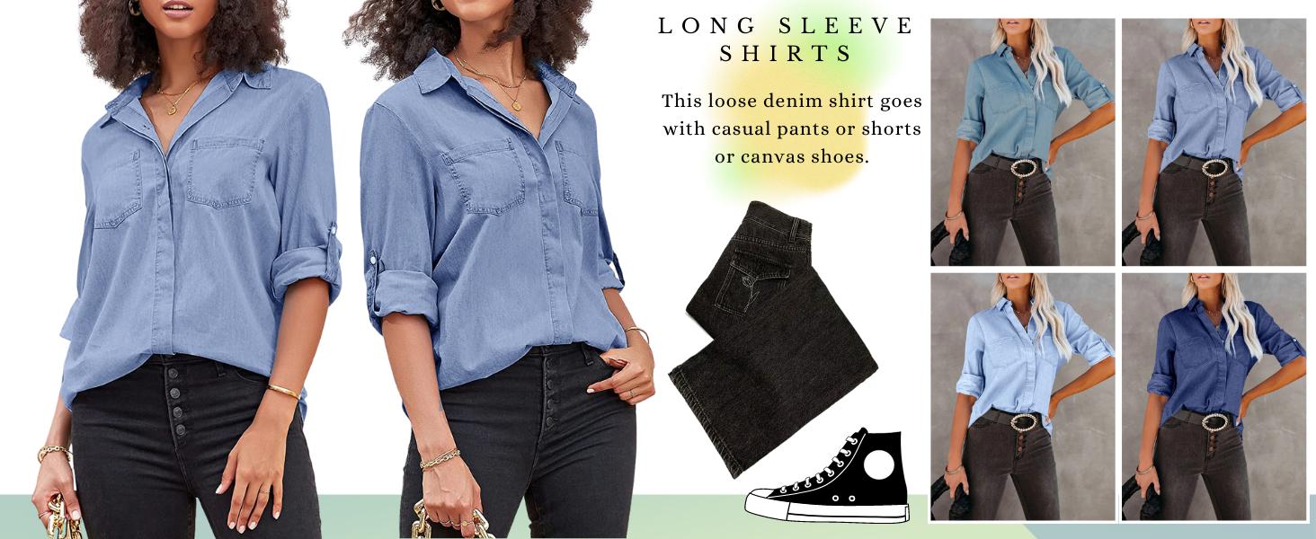 FMEYOA Women's Button Down Denim Shirt Casual Collared Long Sleeve Pocket Blouses