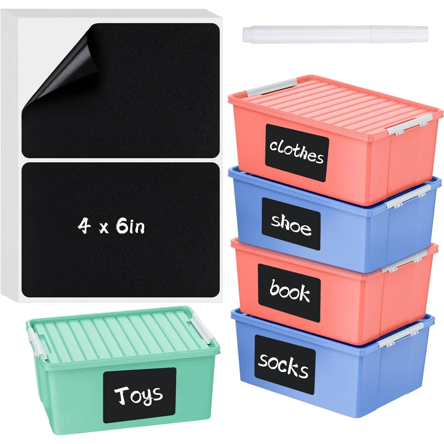 100 count Labels for Storage Bins, 6 x 4 inch Black Large Label Stickers with 1 Liquid Chalk Marker Removable Labels Adhesive Chalkboard Labels  Resistant No  for School Business