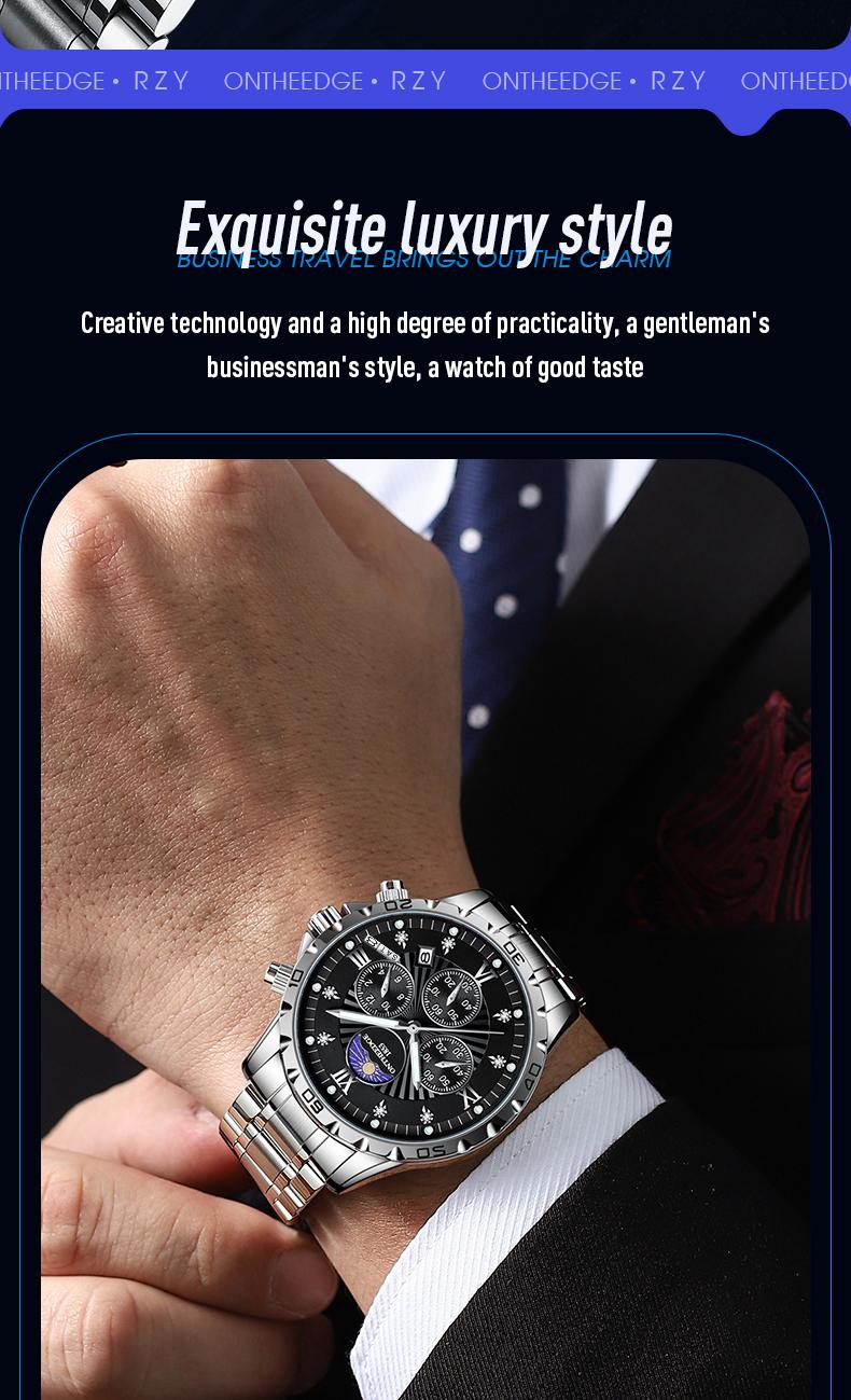 Men's Luxury Moon Phase Quartz Watch - Stainless Steel Wristwatch with Date, Chronograph Subdials, Diamond Markers, Luminous Hands, Classic Business Dress Watch for Men, Perfect Gift for Husband Dad