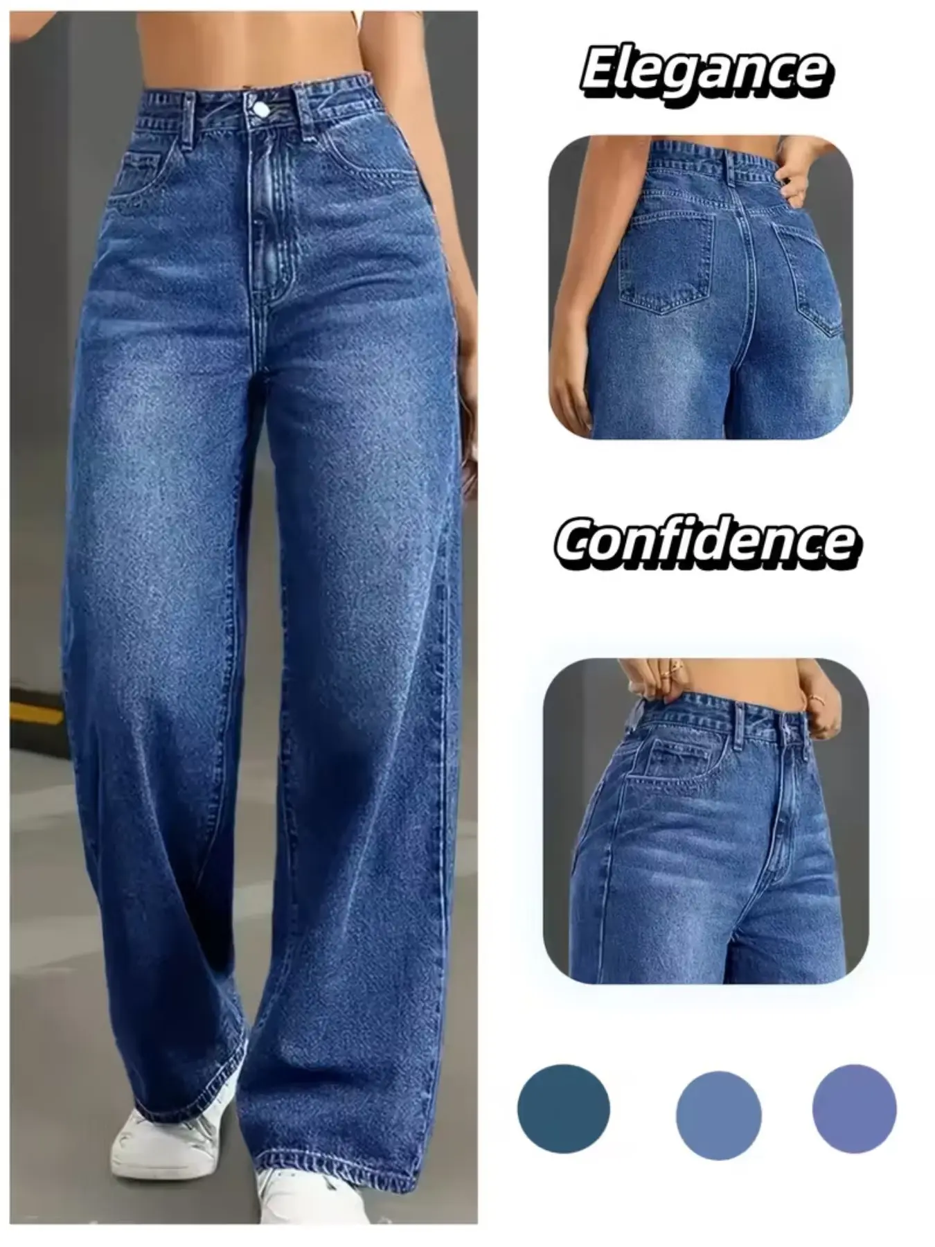 Women's Elastic Straight Leg Jeans, Fashionable Comfortable Wide Leg Pants, Ideal for Daily Wear, Casual Loose-Fitting Button Fly