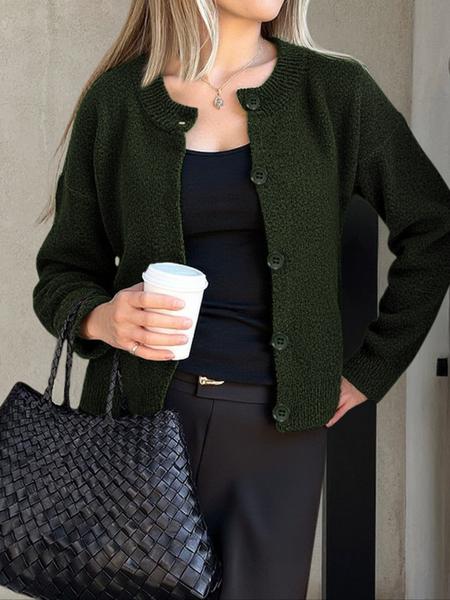 Autumn Winter Women's Casual Knit Cardigan, Elegant Vintage Round Neck Sweater, Simple Lazy Style, Long Sleeve Pullover