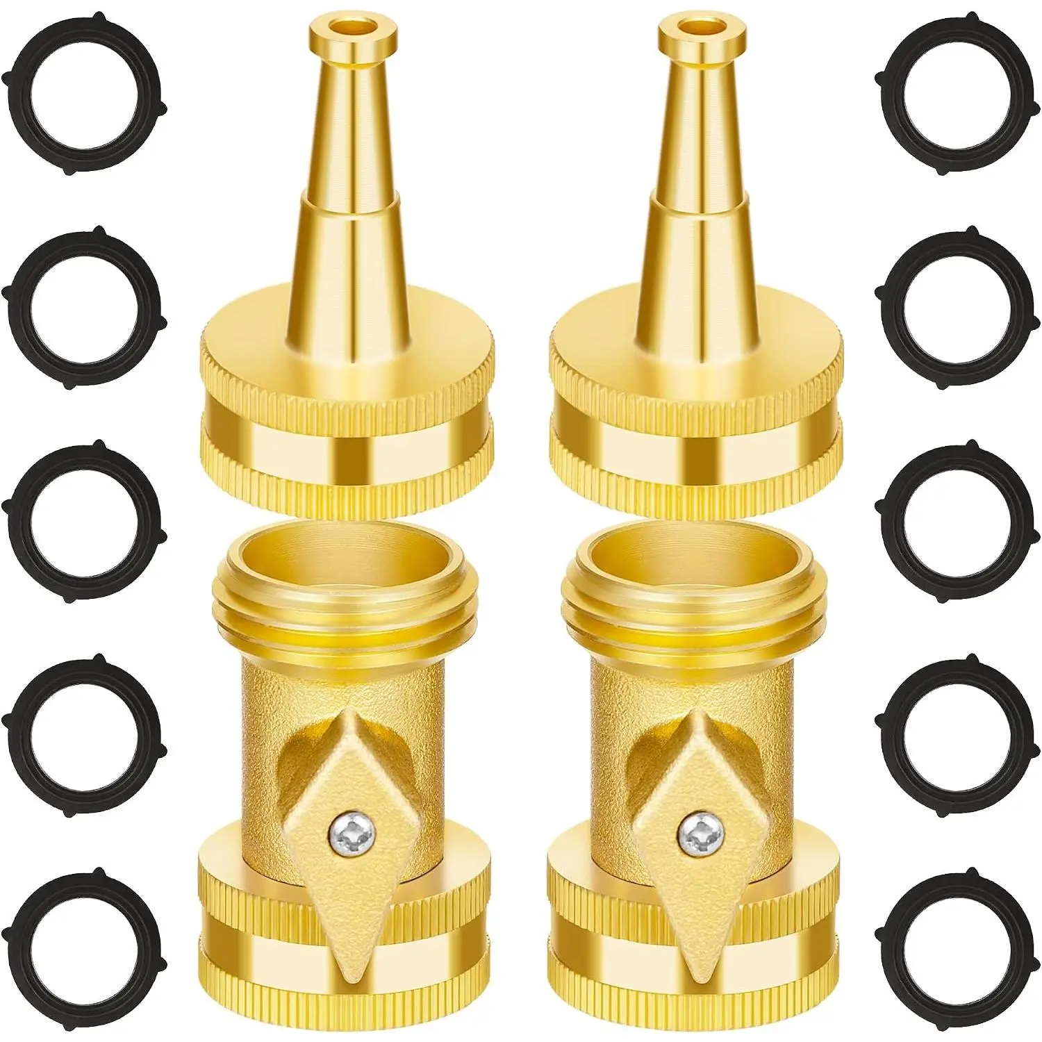 Brass Hose Nozzle - High  Jet Nozzle 4 Count (2 Set), Heavy Duty Water Hose Sprayer Sweeper with Hose Shutoff Valve, 3/4” GHT Nozzles for Garden Hose,  Wash, Extra 10 Rubber Washers