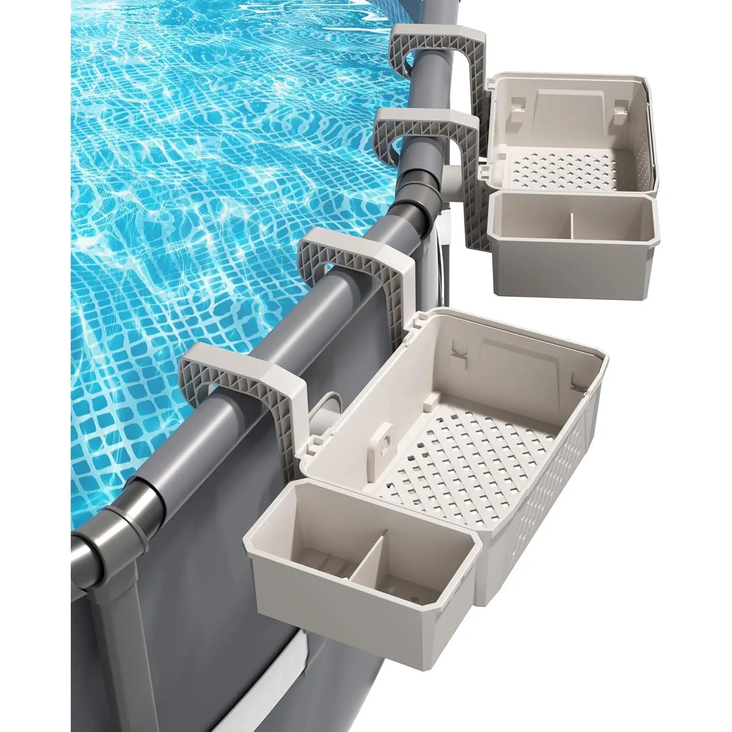 2 Sets of Poolside Storage Baskets with Cup Holders - Perfect for 3-Inch or Smaller Top Rails - Above Ground Pool Accessories - Fit for Most Above Ground Pool(Grey)