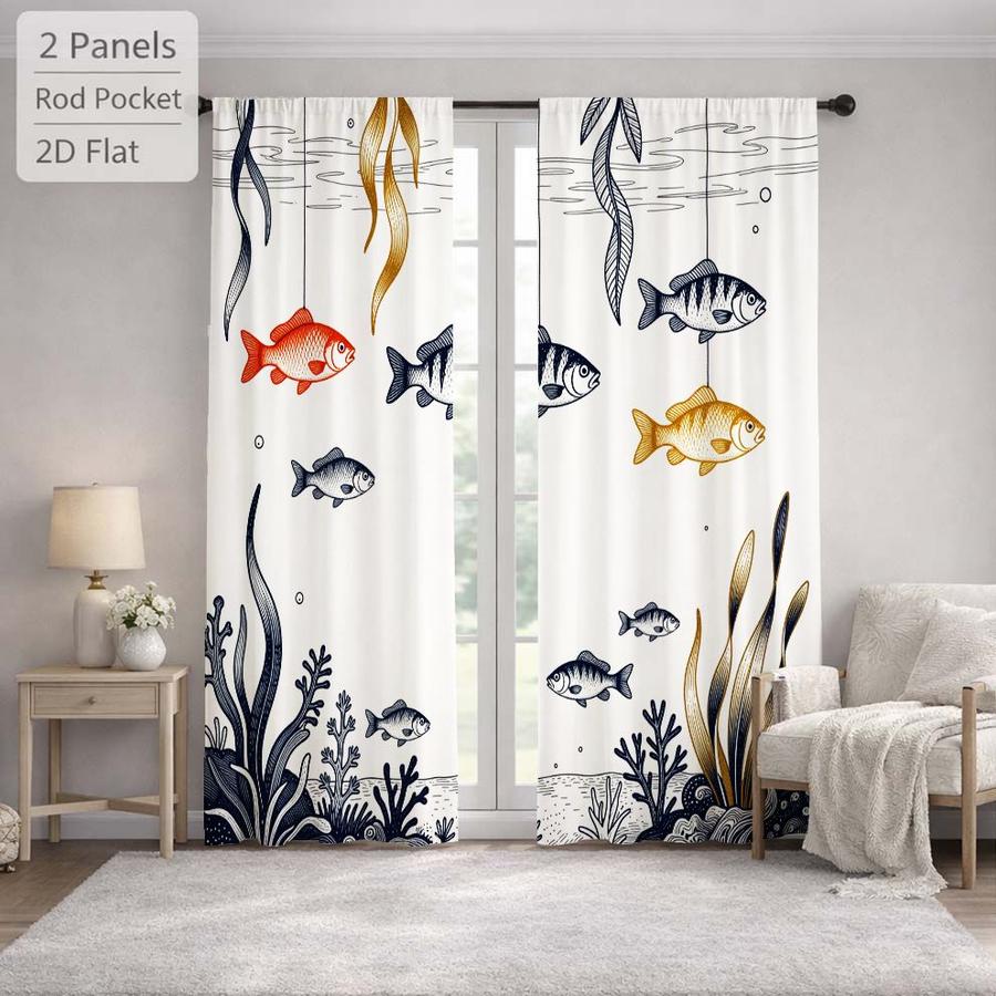 2Pcs Nautical Ocean Fish Seaweed Pattern Sun Blocking Curtains Digital Printed Rod Pocket, Window Treatment For Bedroom Office Kitchen Living Room Study Home Decor