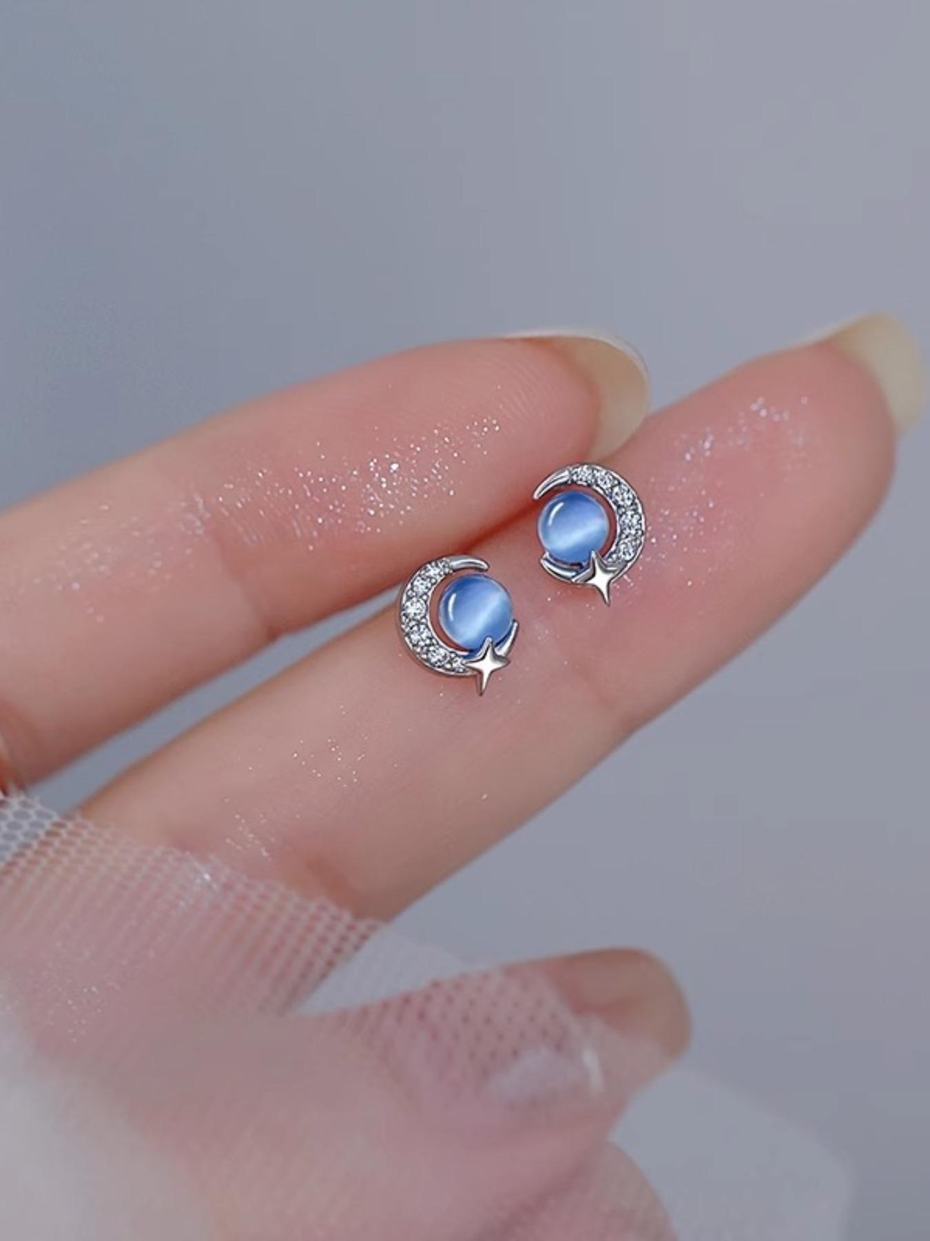 925 Sterling Silver Moon & Star Design, Artificial Gemstone Decorated, Fashion Jewelry Accessories for Women & Girls, Artificial Zircon Earrings