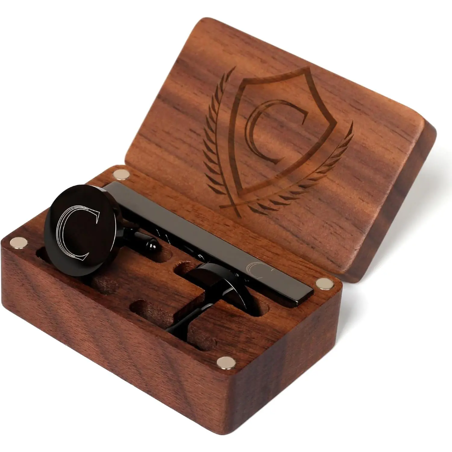 Mens Initial Cufflinks and Tie Clip A-Z Alphabet Letter Black Stainless Cuff Links Tie Bar with Engraved Walnut Wood Box Groom Groomsman Wedding Set