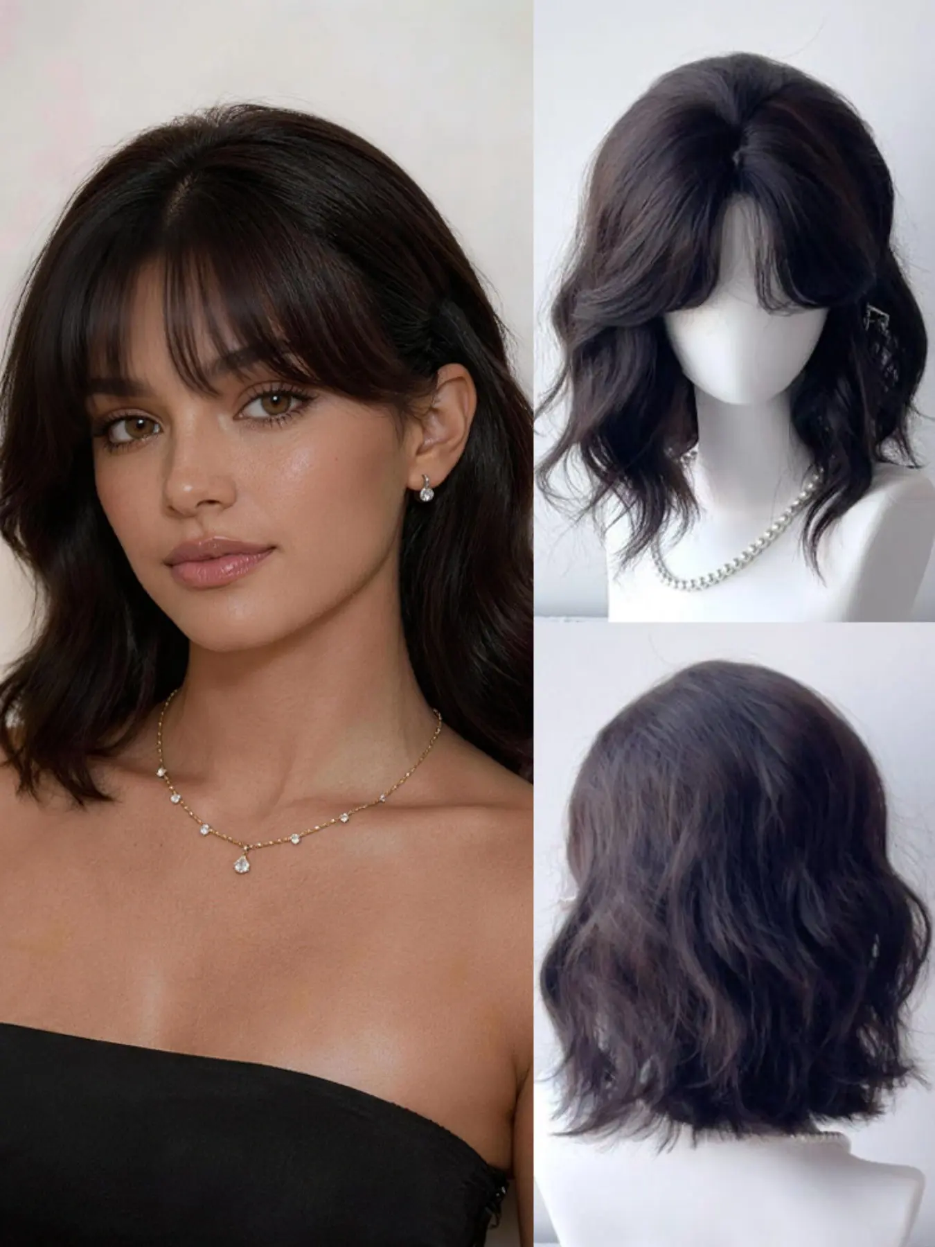 Dark Brown Short Wig with Middle Part Curved Bangs, matte heat-resistant fiber, breathable rose net cap, fluffy & silky, realistic hairline, perfect for daily/work/party/chic, a must-have fashion wig